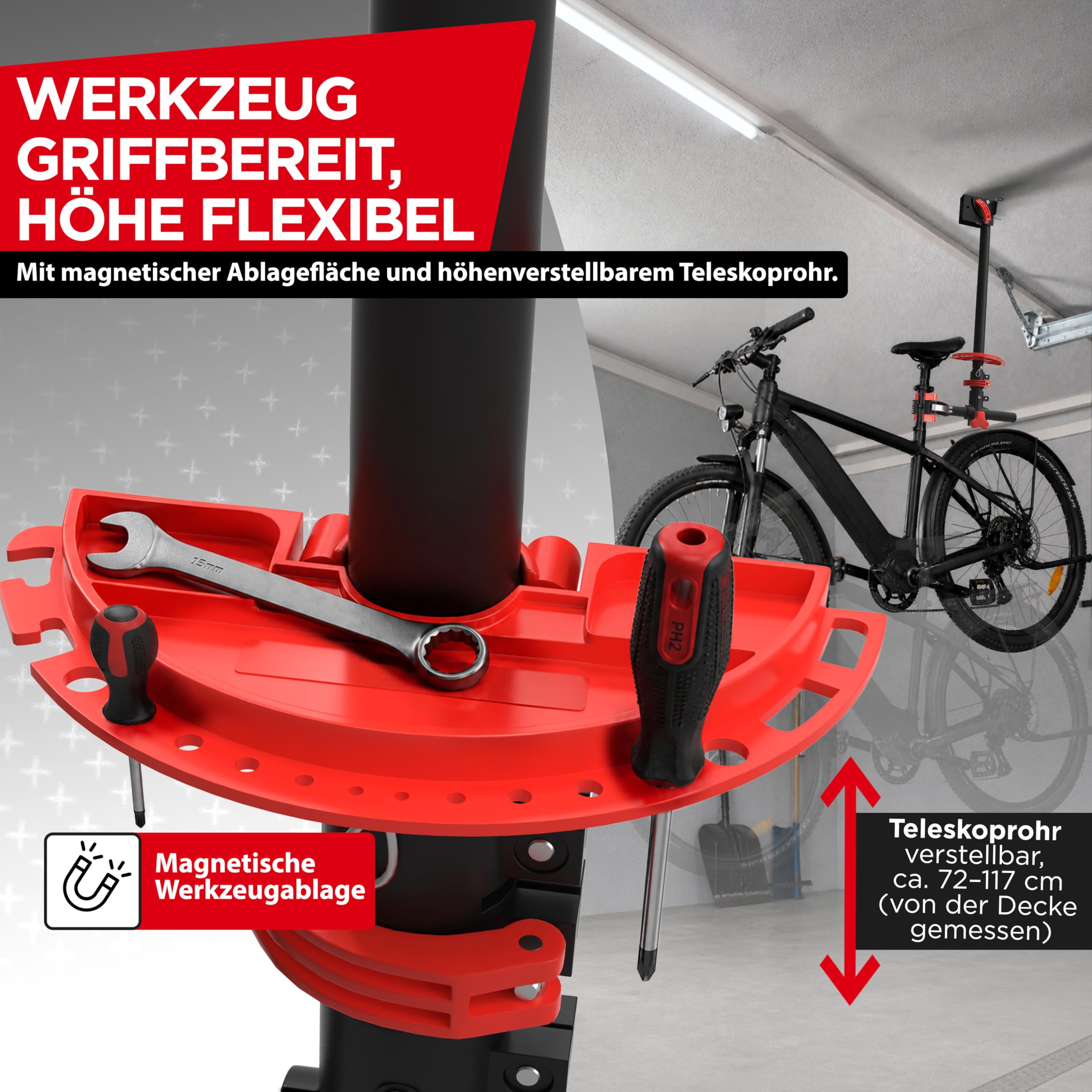 Adamix BikeClamp 30 Montageständer Deckenmontage, bis 30 kg, klappbar | Designed in Germany, höhenverstellbar, Fahrrad Montagehalterung und Reparaturständer für MTB, E-Bike, Rennrad