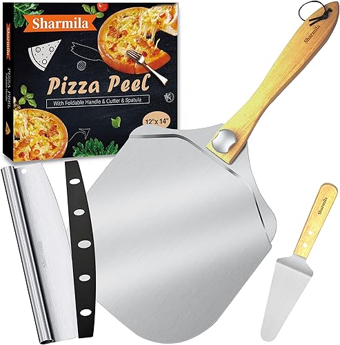 Miniatura 1 de Sharmila Pala de pizza de 12 pulgadas, pala de aluminio para pizza con mango de madera plegable, cortador de pizza y espátula de pizza de metal,