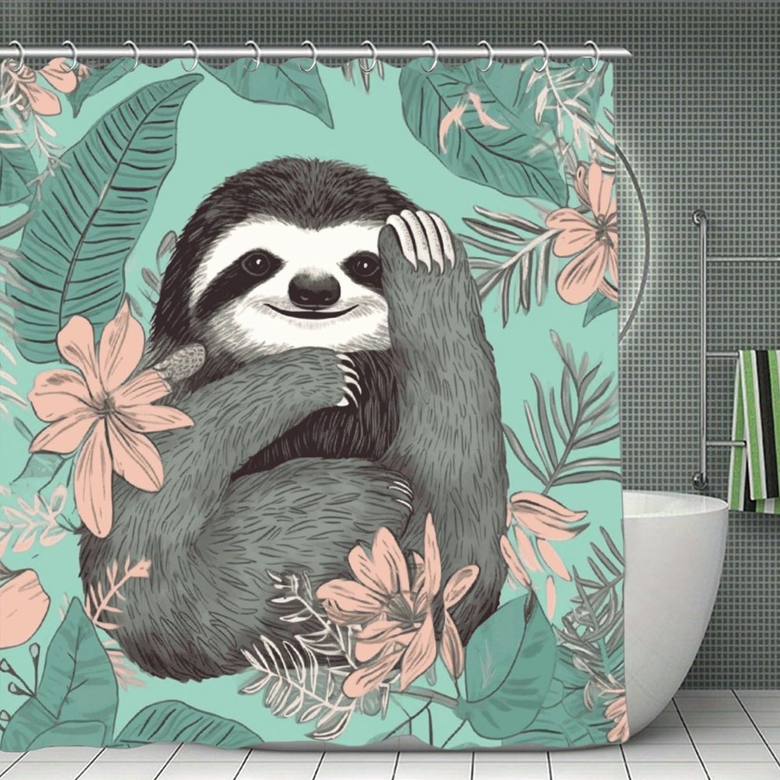 VstaDank Animal Sloth Mint Green Shower Curtain 71x71 Heavy Duty Polyester Cloth Bath Curtain with Hooks Thick Waterproof Shower Liner Fun Magic Decorative Bathroom Curtains for Bathtub