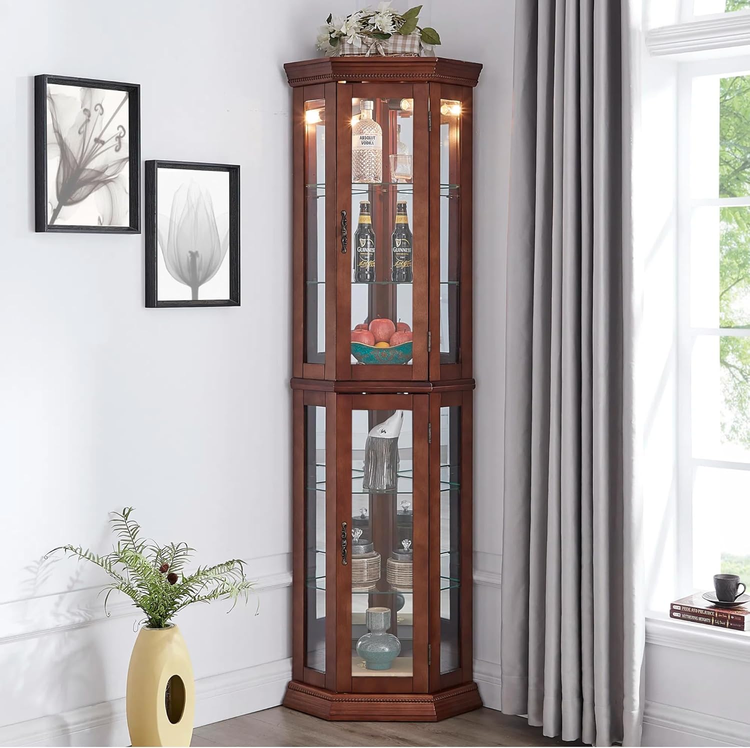 LKTART Curio Glass Display Cabinet, 70" Tall Corner Storage Cabinet with Lights and Mirrored Back Panel,China Cabinet with Tempered Glass Doors and Shelves(Walnut)