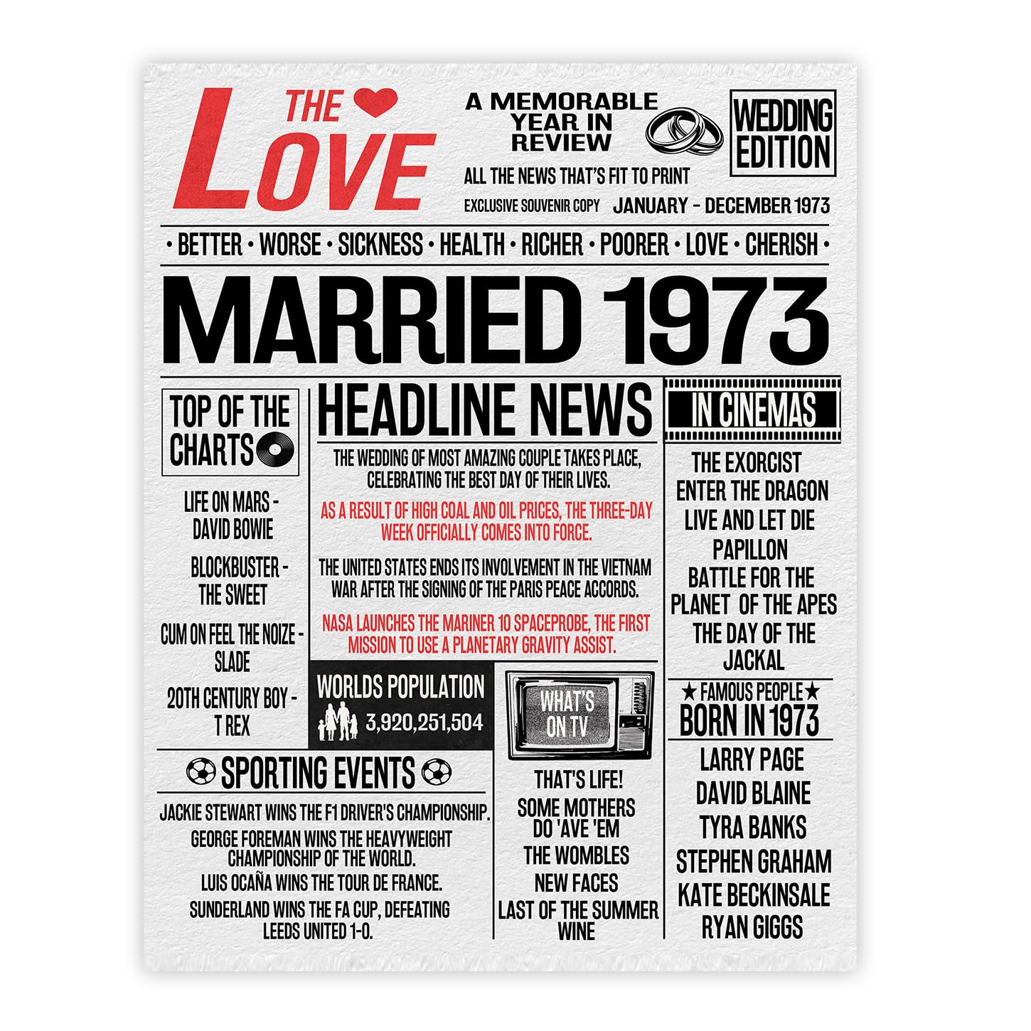 Stuff4 53rd Anniversary Poster Unframed - Married In 1973 Newspaper - Happy 53rd Wedding Anniversary for Men Women Vintage Gifts Retro Back In 1973, 8x10 Inch Anniversaries Posters