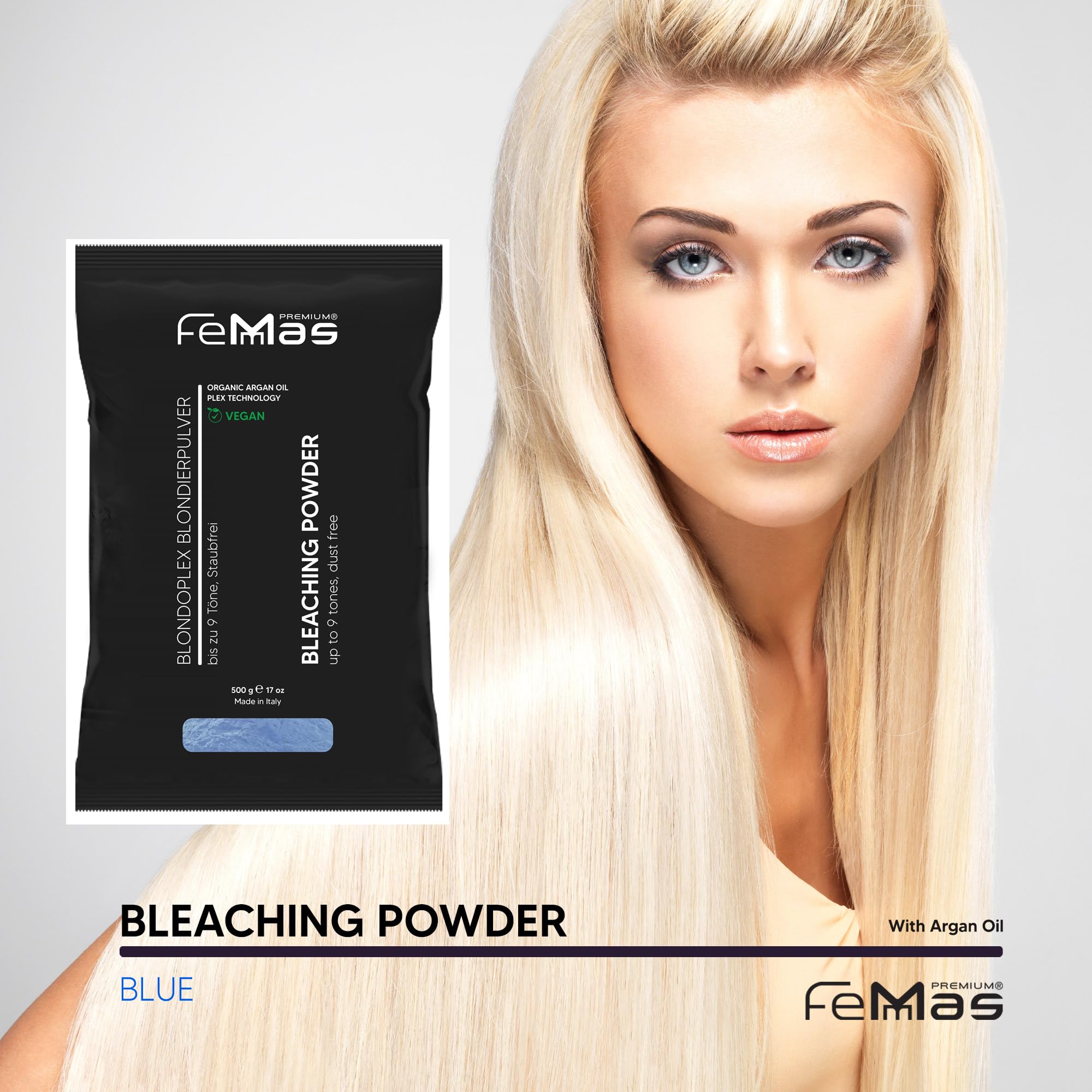FemMas Niebieski proszek wybielający 500 g I Proszek wybielający z technologią Plex i jednorodnym rozjaśniającym olej arganowy I Ultra mocny i bezpyłowy I Hair Bleach do rozjaśniania do 9 odcieni