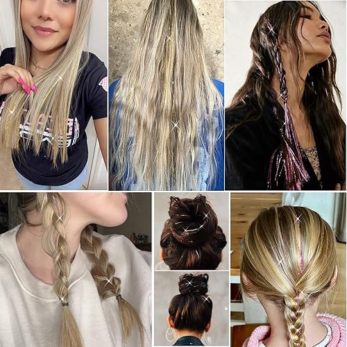 Miniatura 7 de Kit de oropel de cabello con clip de 23.6 pulgadas, resistente al calor, extensiones de cabello de oropel con purpurina, accesorios para el cabello