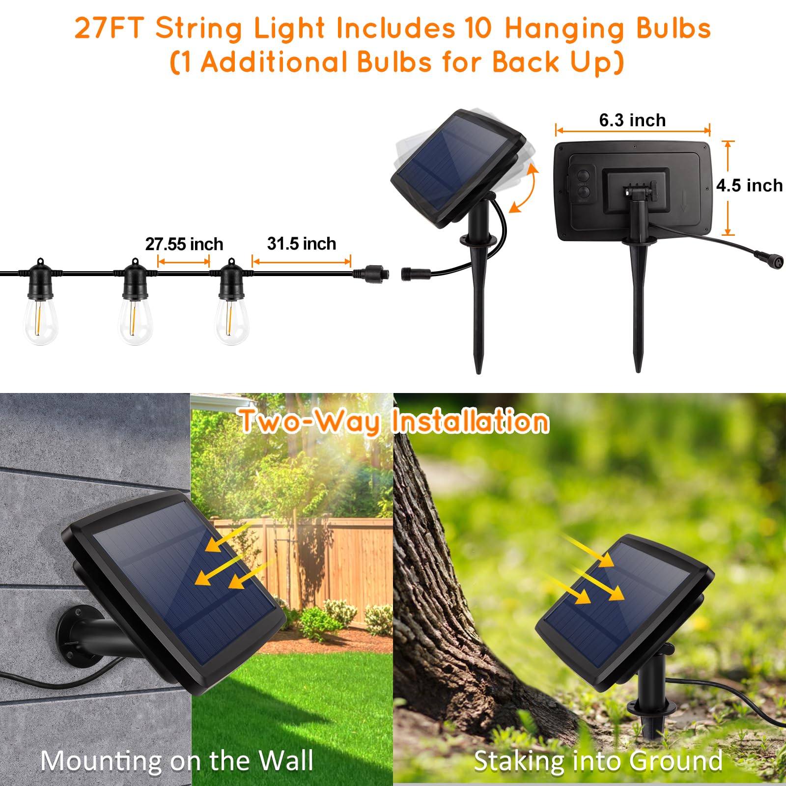S14 Solar Outdoor String Lights Waterproof, 27FT Solar Powered LED Patio Light String with 11 Shatterproof Edison Bulbs & 3 Lighting Modes, Dimmable Commercial Hanging String lights for Garden Porch