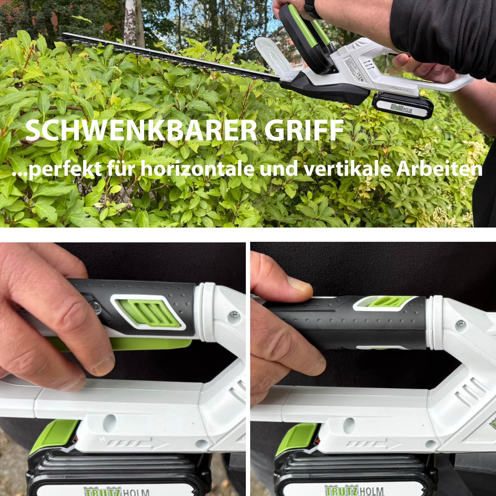TRUTZHOLM Akku Heckenschere 20V/2,0Ah mit Akku und Schnellladegerät, 52cm Schnittlänge, 65mm Schnittbreite, 10mm Aststärke, drehbarer Griff 180°, Messeranstoßschutz, 40min Laufzeit, 2,5kg leicht