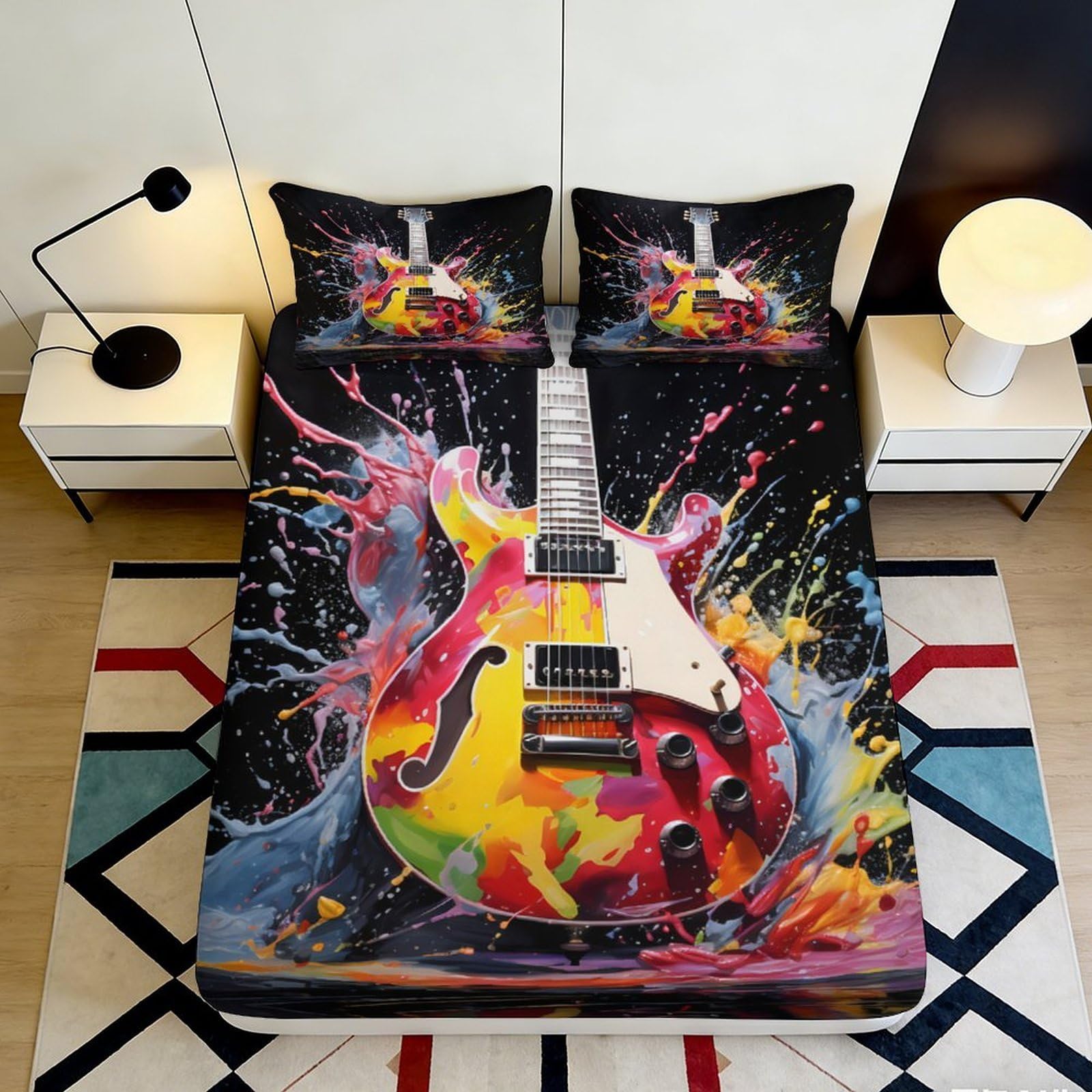 3D Printed Colorful Electric Guitar Fitted Sheet Microfiber Splash Art Bed Cover for Bedroom Dorm Mattress Protector 120x200x25cm
