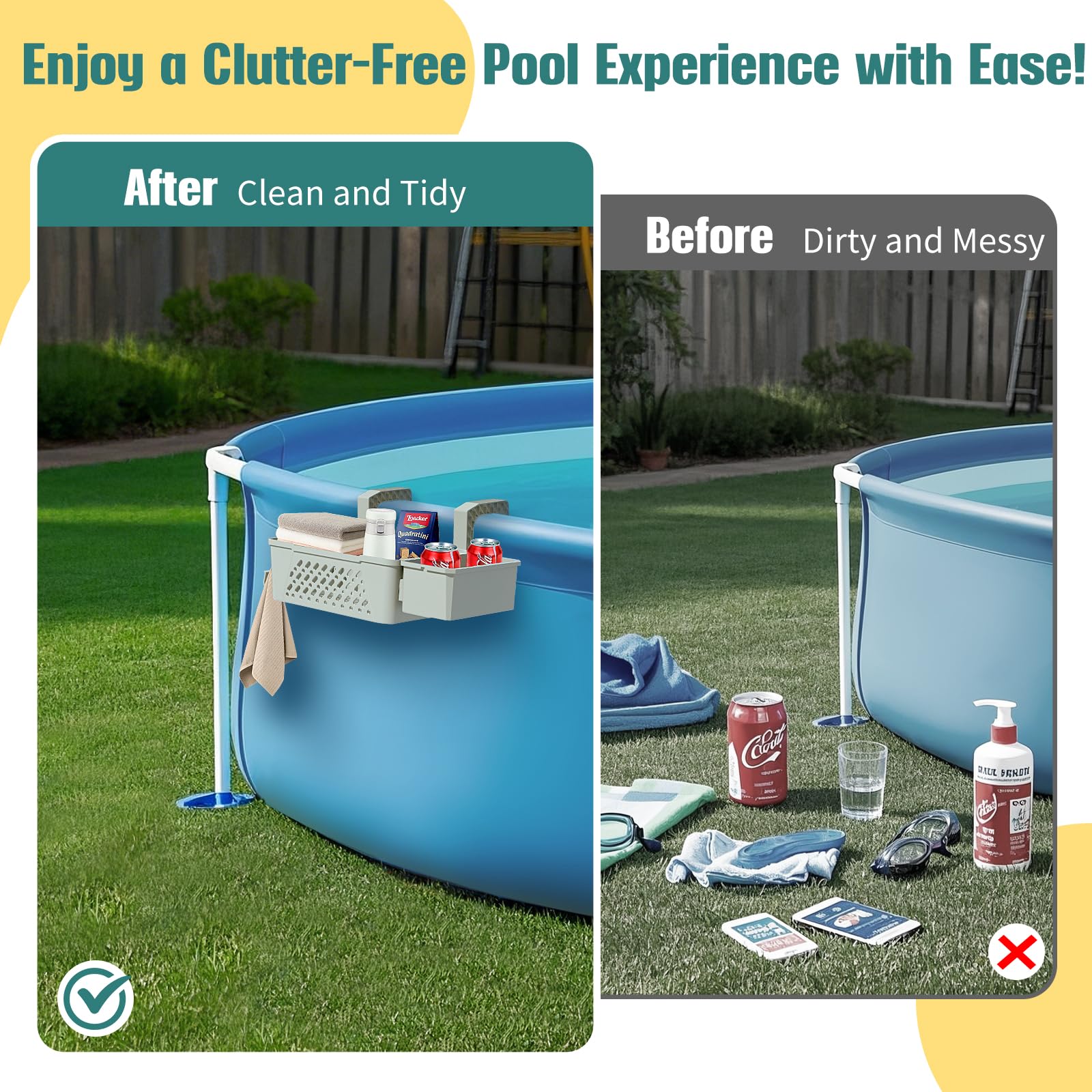 Cesto portaoggetti a bordo piscina, accessori per piscina fuori terra, cestini per piscina con asciugamano organizzato, adatto a binari superiori da 7,6 cm o meno, cestino organizer versatile per