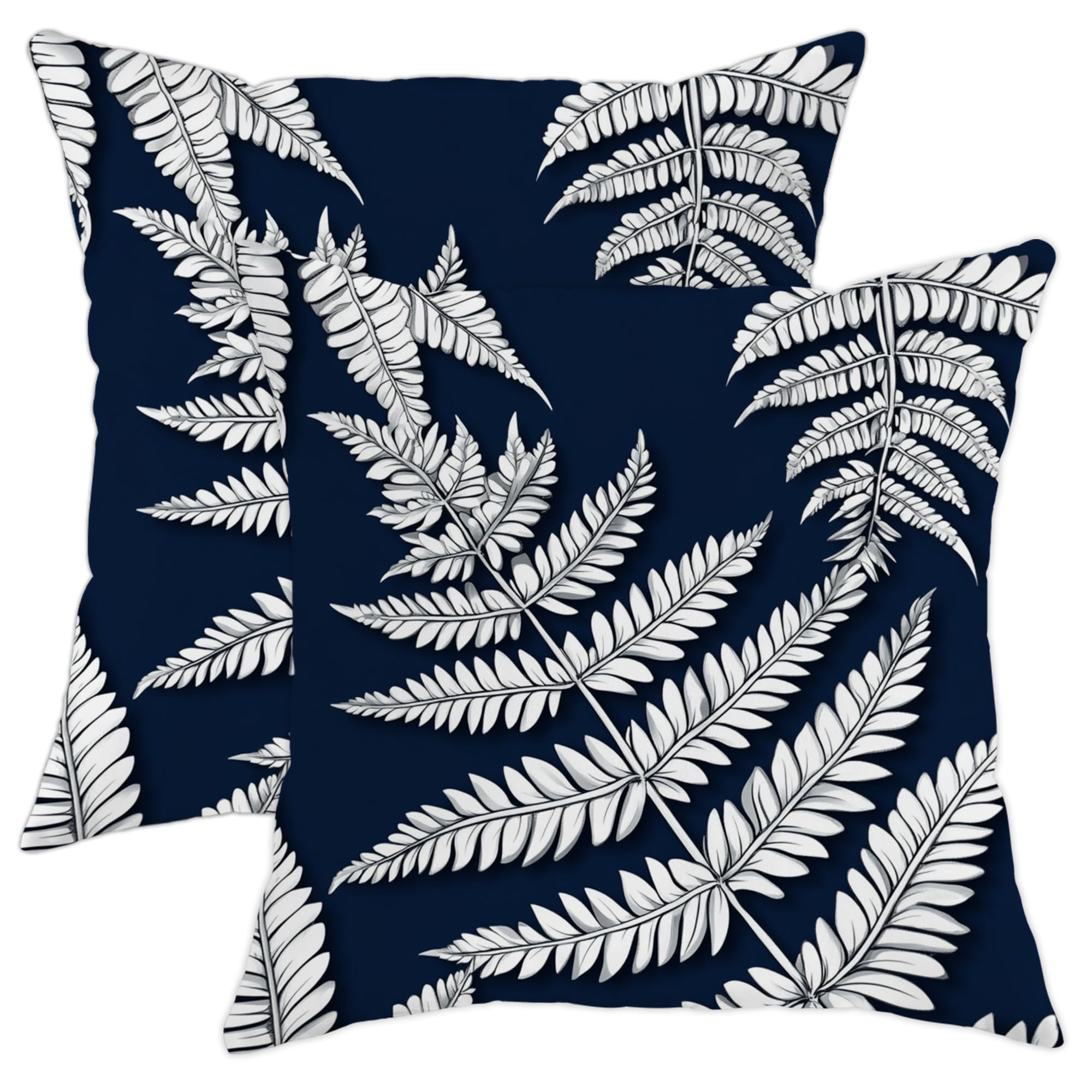 Navy Blue Fern Pillow Covers Set of 2, Tropical Leaf Decorative Throw Pillow Cases, Summer Plant Cushion Covers for Home Sofa Bed Couch 18x18 Inch