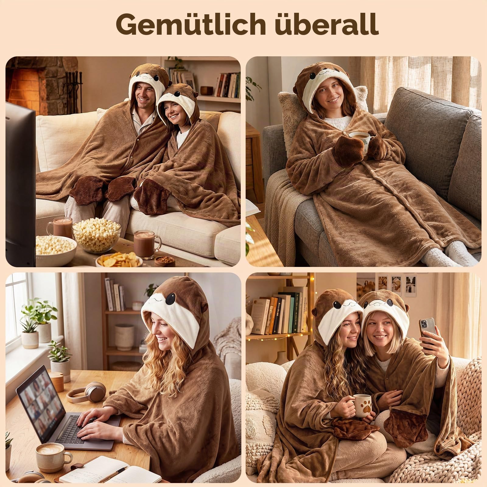 Mewaii Tragbare Decke mit Kapuze und Ärmeln,Kuscheldecke mit Handschuhen Weiche Flanell Sherpa Decke für Damen und Herren Ideal für Zuhause Reisen und Tierliebhaber