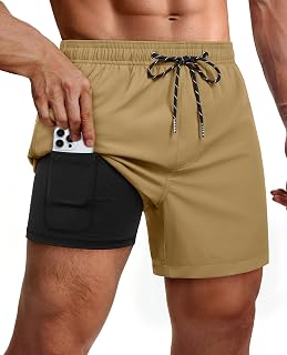 Mens Swim Trunks with Compression Liner Swimuit 5 inch Mens Bathing Suit | Mens Swim Shorts Quick Dry 4-way Stretch Surfing Beach Casual Fishing 2 in 1 No-chafe Drawstring Chlorine Resistent Swimwear