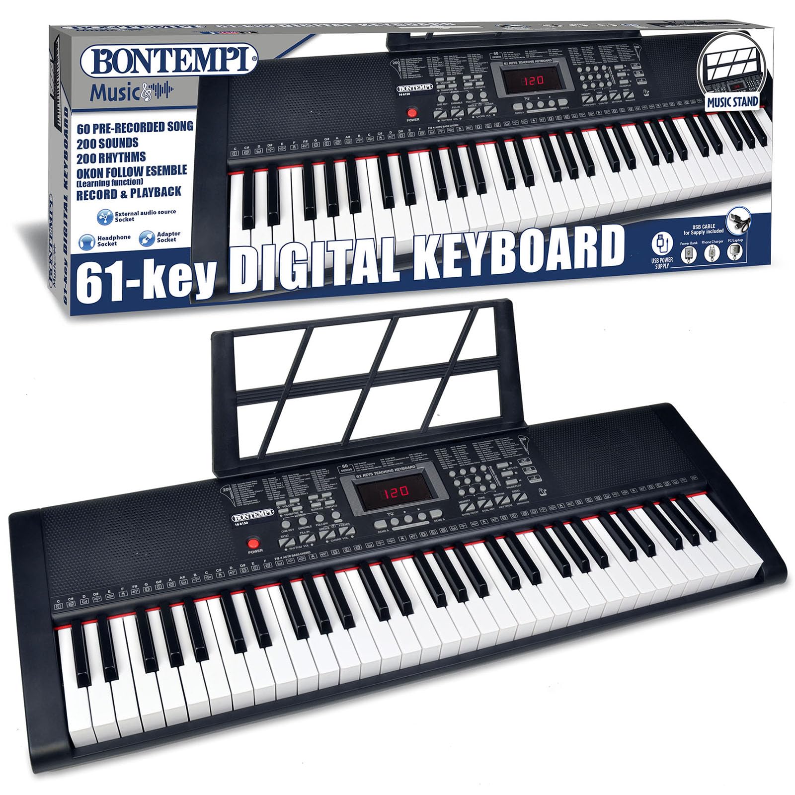 Bontempi | HarmonyKeys - Professionelle digitale Tastatur mit 61 Tasten, 94,6x32,7x11,9 cm