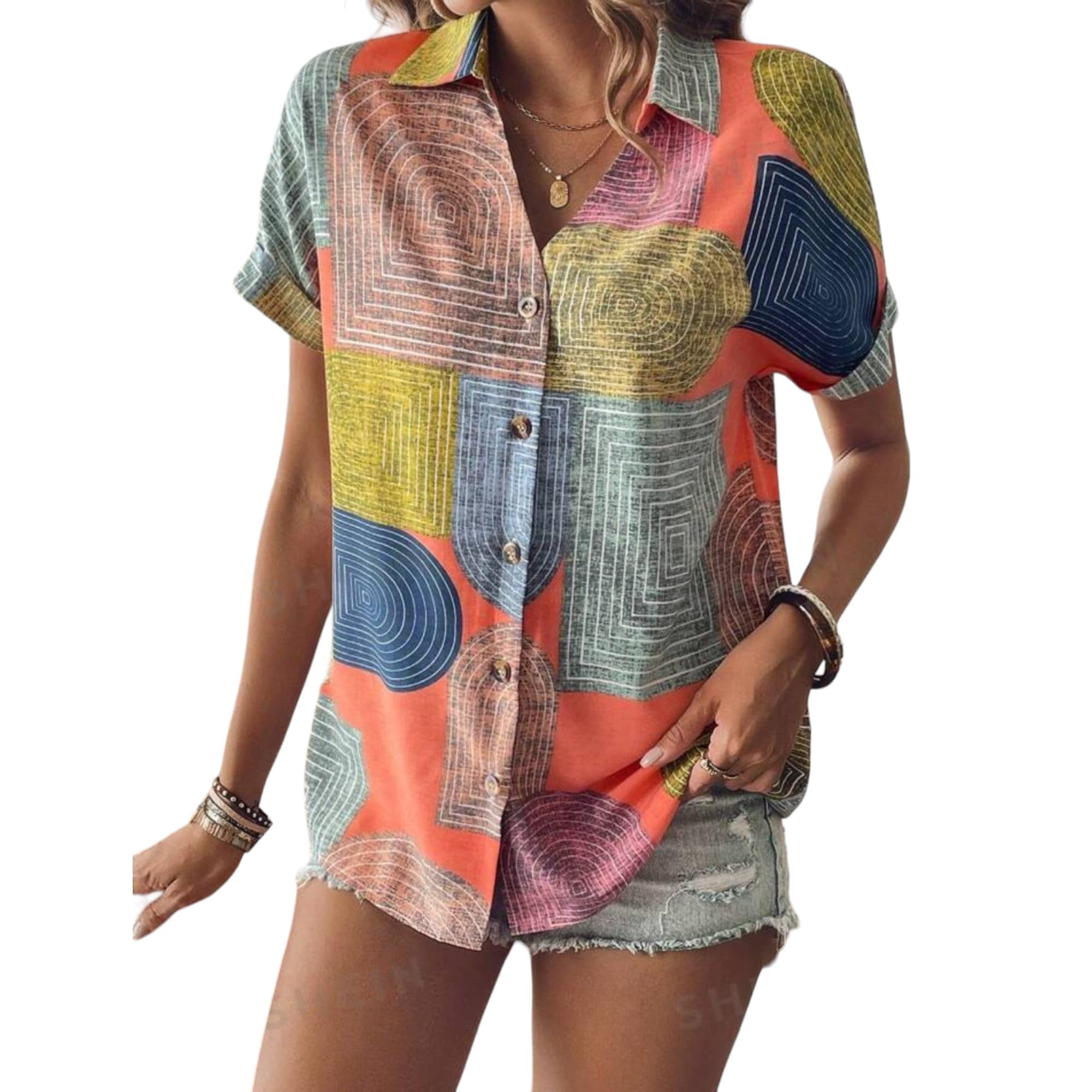 Roadster Women's Colorful Abstract Geometric Print Shirt, Half Sleeve, Collar Neck, Casual Button-Up Top, Rayon Fabric in neutral