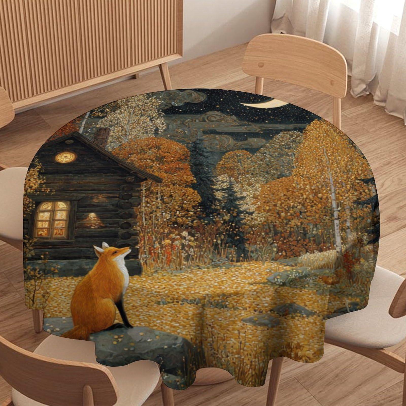 LUYYSKY Fantasy Cartoon Wildlife Fox Round Tablecloth Cute Modern Autumn Forest Log Cabin Barn Animals Fox Washable Decor for Table Cover for Kitchen-177.8" Wx177.8 L cm