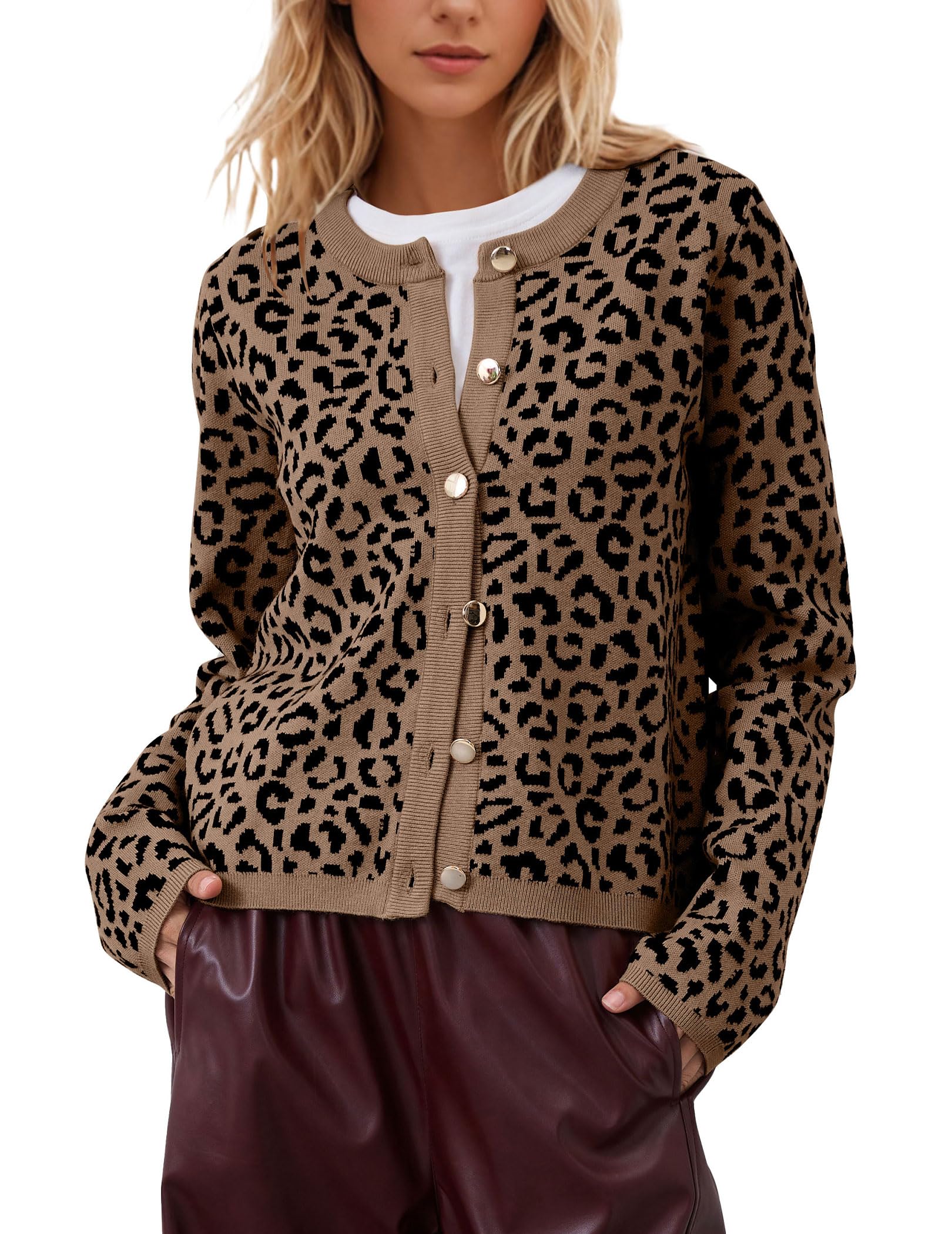 Leopard Cardigan Long Sleeve Open Front Button Up Cheetah Print Top Leopard Sweater Coat Cropped Cardigan Jackets