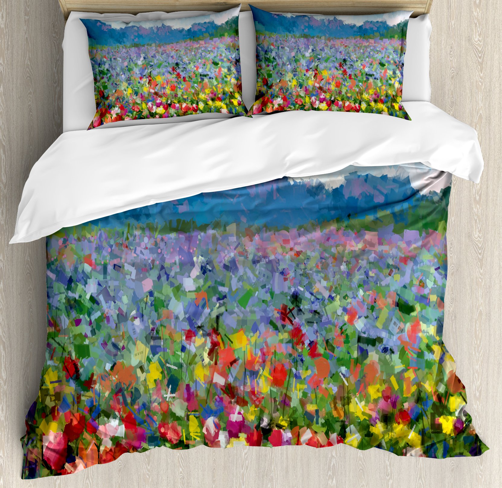 Ambesonne Art Duvet Cover Set, Rural Landscape with Bunch of Tulip Flower Spring Meadow Refreshing Botany Blurry Image, Decorative 3 Piece Bedding Set