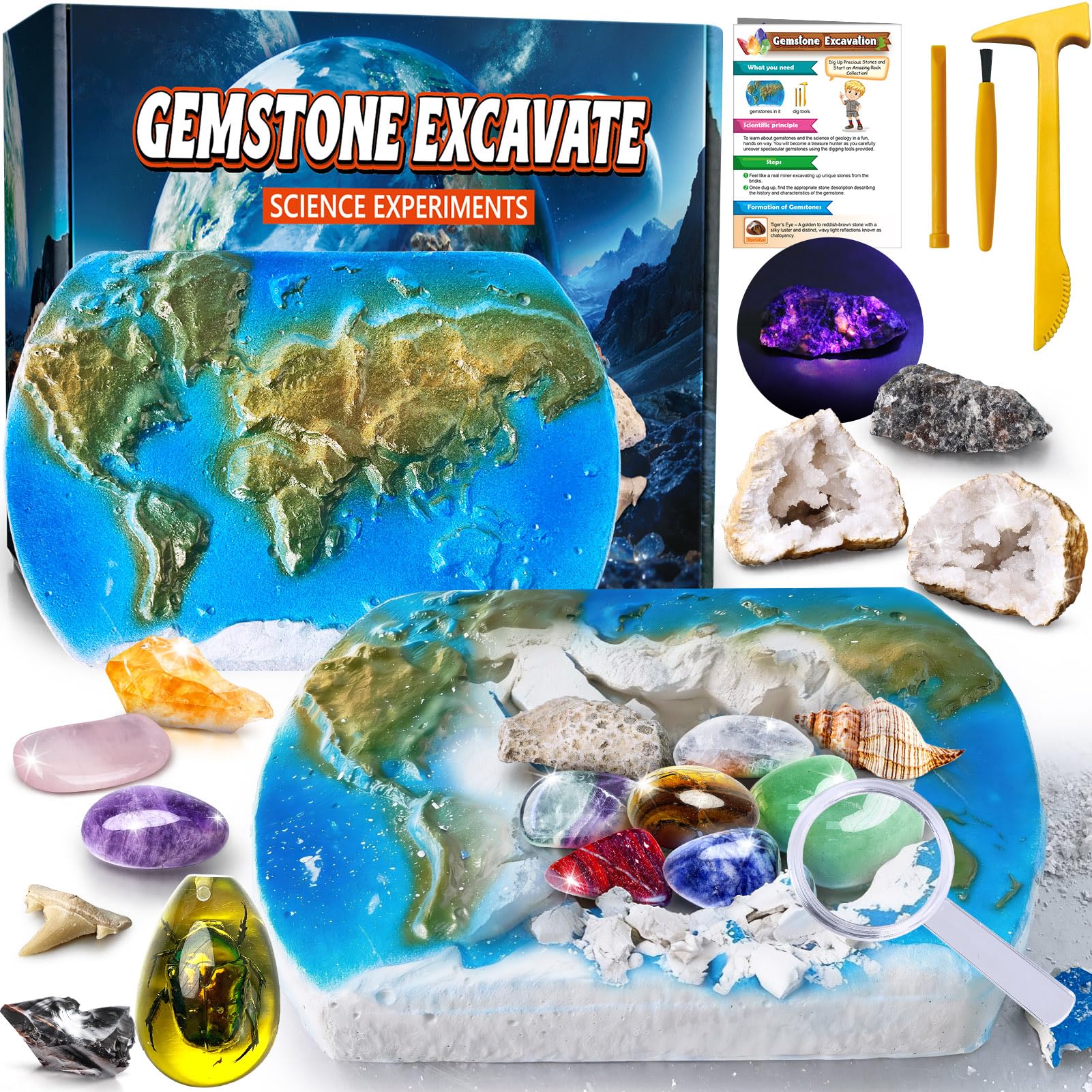 UNGLINGA Edelstein-Ausgrabungsset für Kinder, Jungen & Mädchen – Geburtstagsgeschenk-Idee mit 15 echten Edelsteinen & Fossilien, inkl. Werkzeug, pädagogisches Geologie-S.T.E.M. Spielzeug