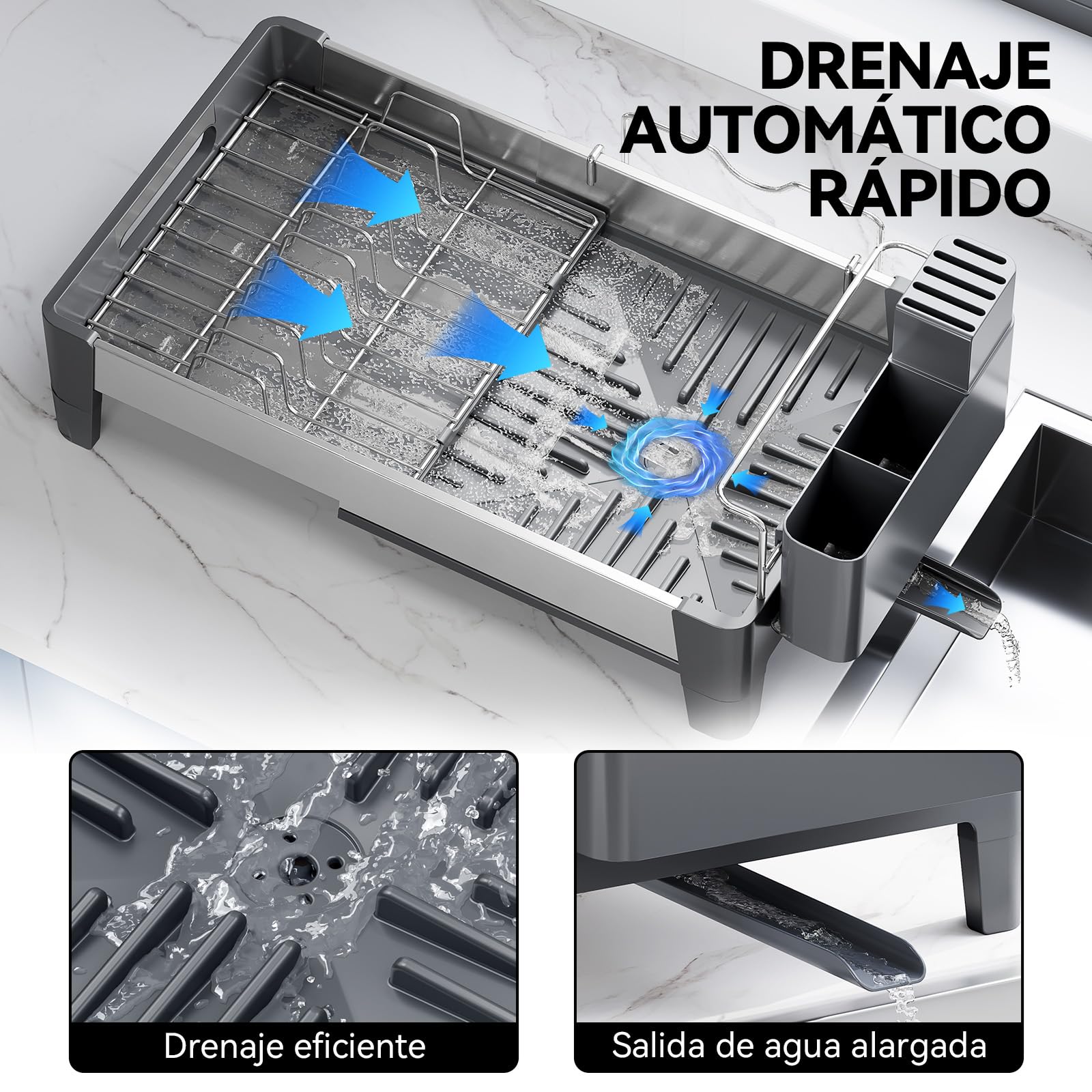 Urackify Escurridor de Platos, Gris | Extensible, Acero Inoxidable, Aluminio, Soporte Utensilios Extraíble, para Encimera