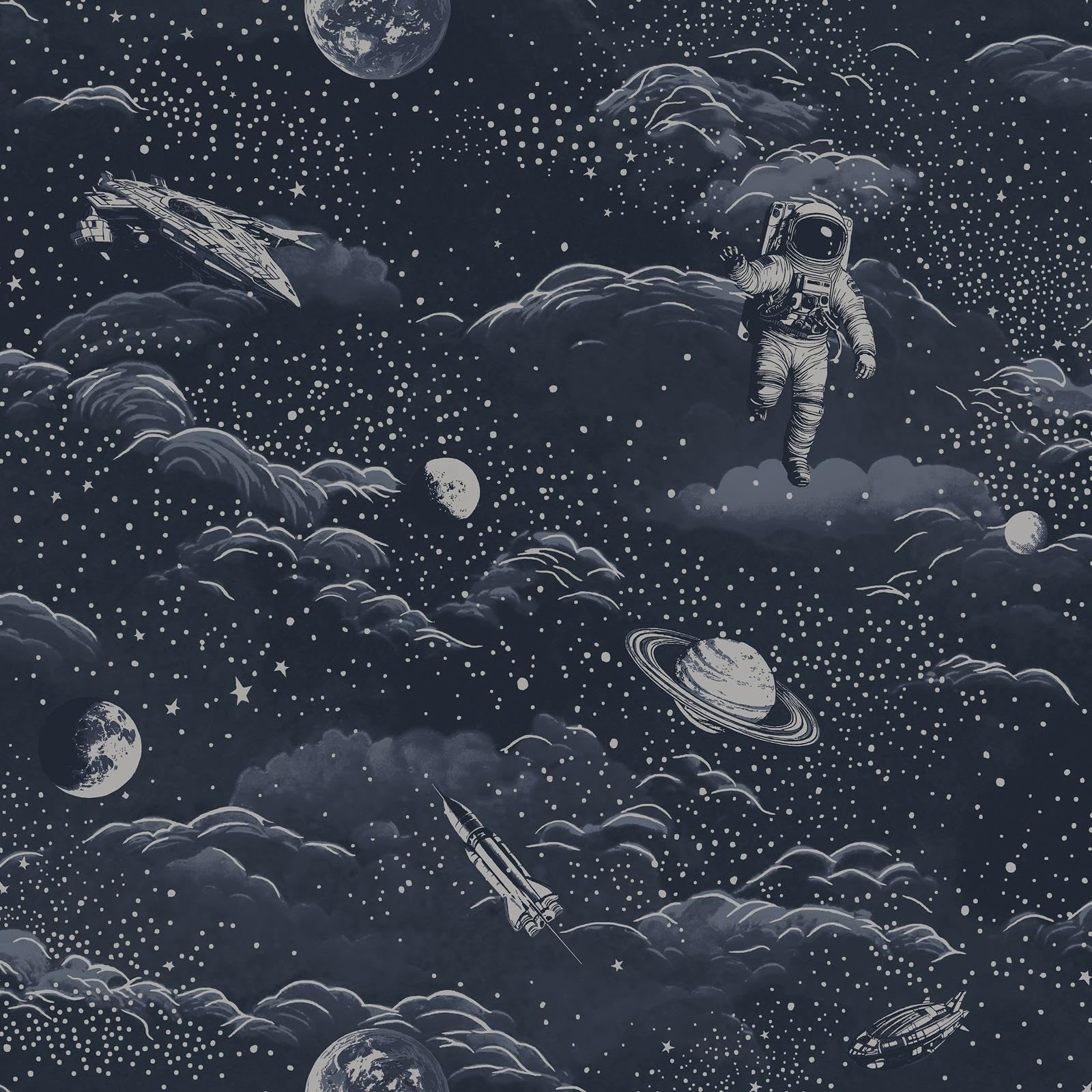 SOPHIE LAURENCE Blue Silver Space Wallpaper Metallic Astronauts Moon Stars Kids Feature Bedroom