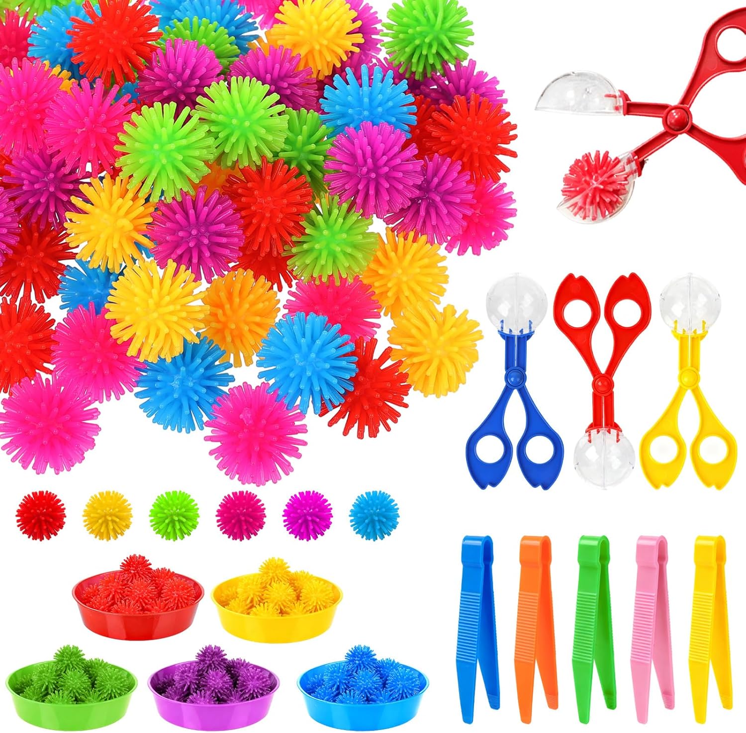 85 Pcs Sensory Bin Filler Kit with Tools Fine Motor Skills Set Counting Sorting Training Set with 72 Hedge Balls 5 Tweezers 3 Scissors Clips 5 Cups Learning Activities for Home School