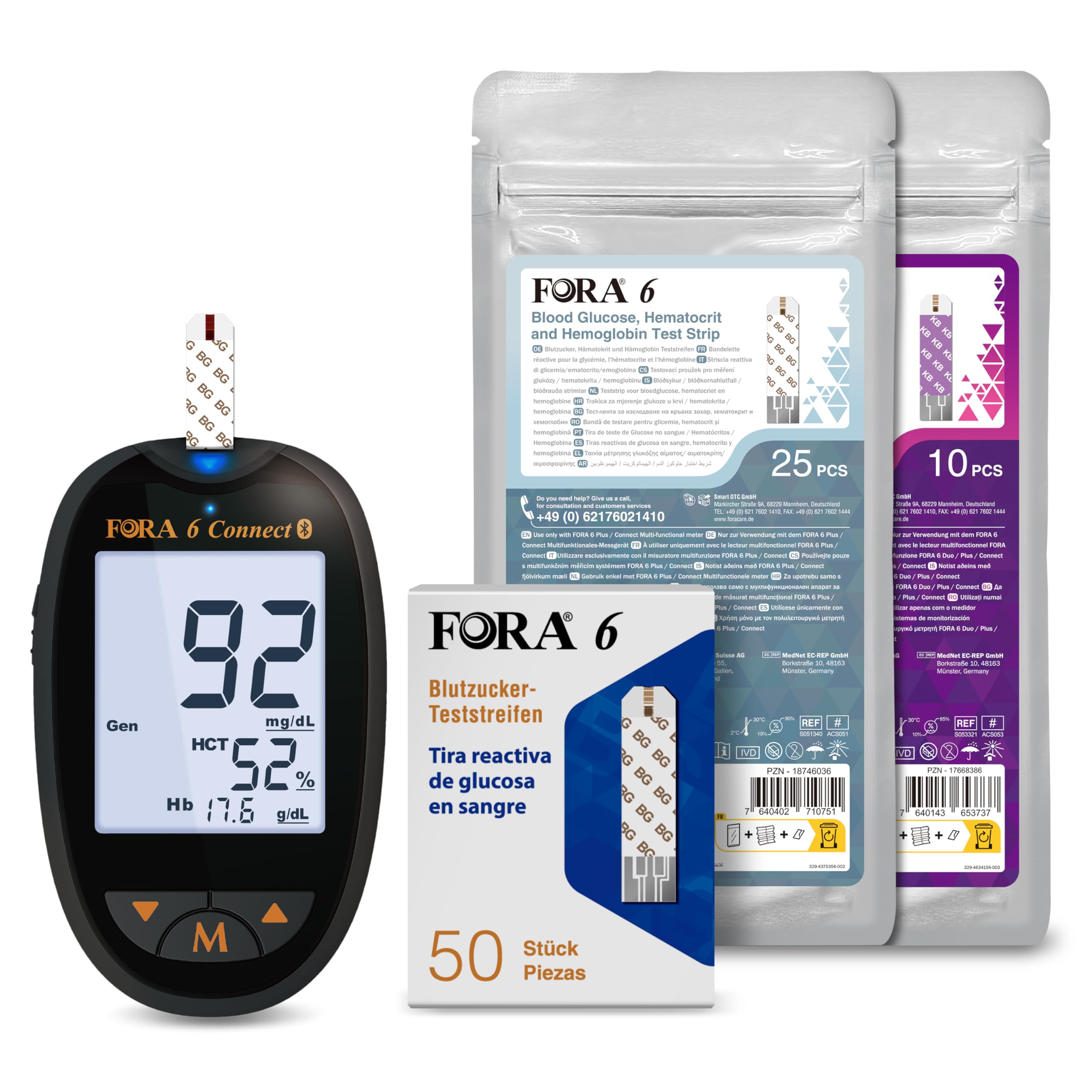 FORA Blutzuckermessgerät Set (mg/dl) – inkl. 50 Stück Blutzucker-Teststreifen, 25 Stück 3-in-1 Teststreifen (Glukose, Hämatokrit, Hämoglobin, einzeln verpackt) & 10 Stück β-Keton-Teststreifen