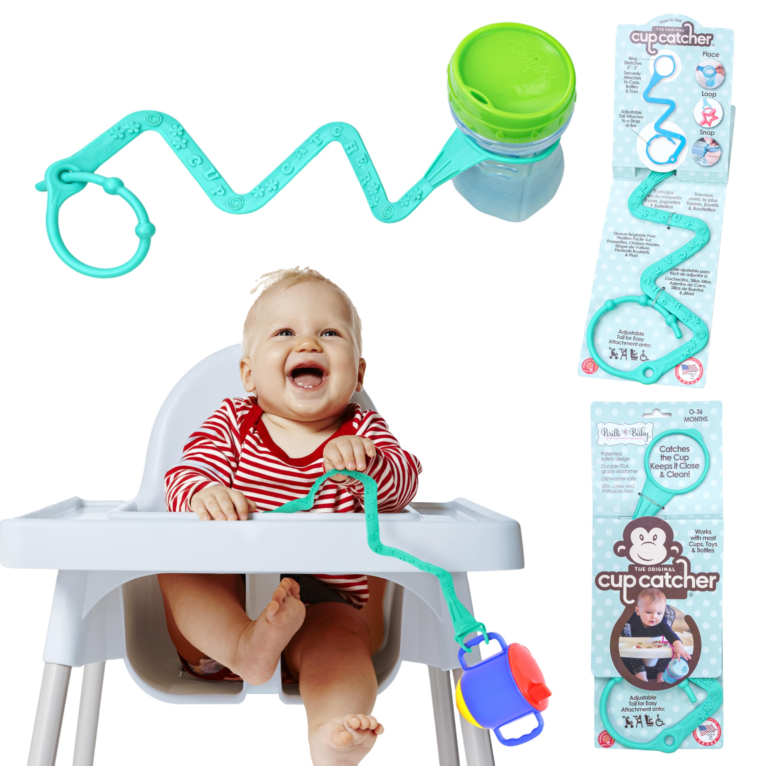 Brilli Baby Cup Catcher Patented Safety Tether Strap, Attach Sippy Cups, Bottles, Pacifiers & More to Stroller, High Chair, Car Seat, Made in USA, Food Grade, Dishwasher Safe (Aqua)