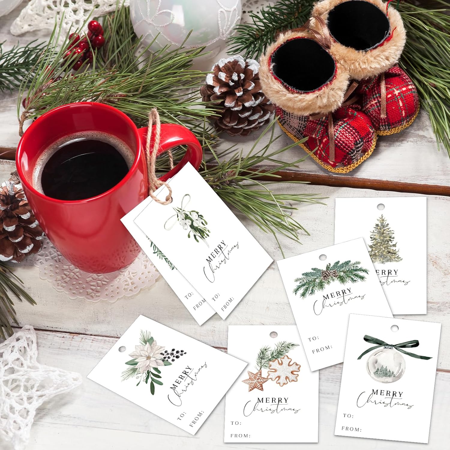 Whaline 90Pcs Christmas Paper Gift Tags with String Xmas Tree Wreath Hanging Name Tag 9 Designs Label Tags for Winter Holiday Present DIY Crafts Party Favor Decoration Supplies - Image 5