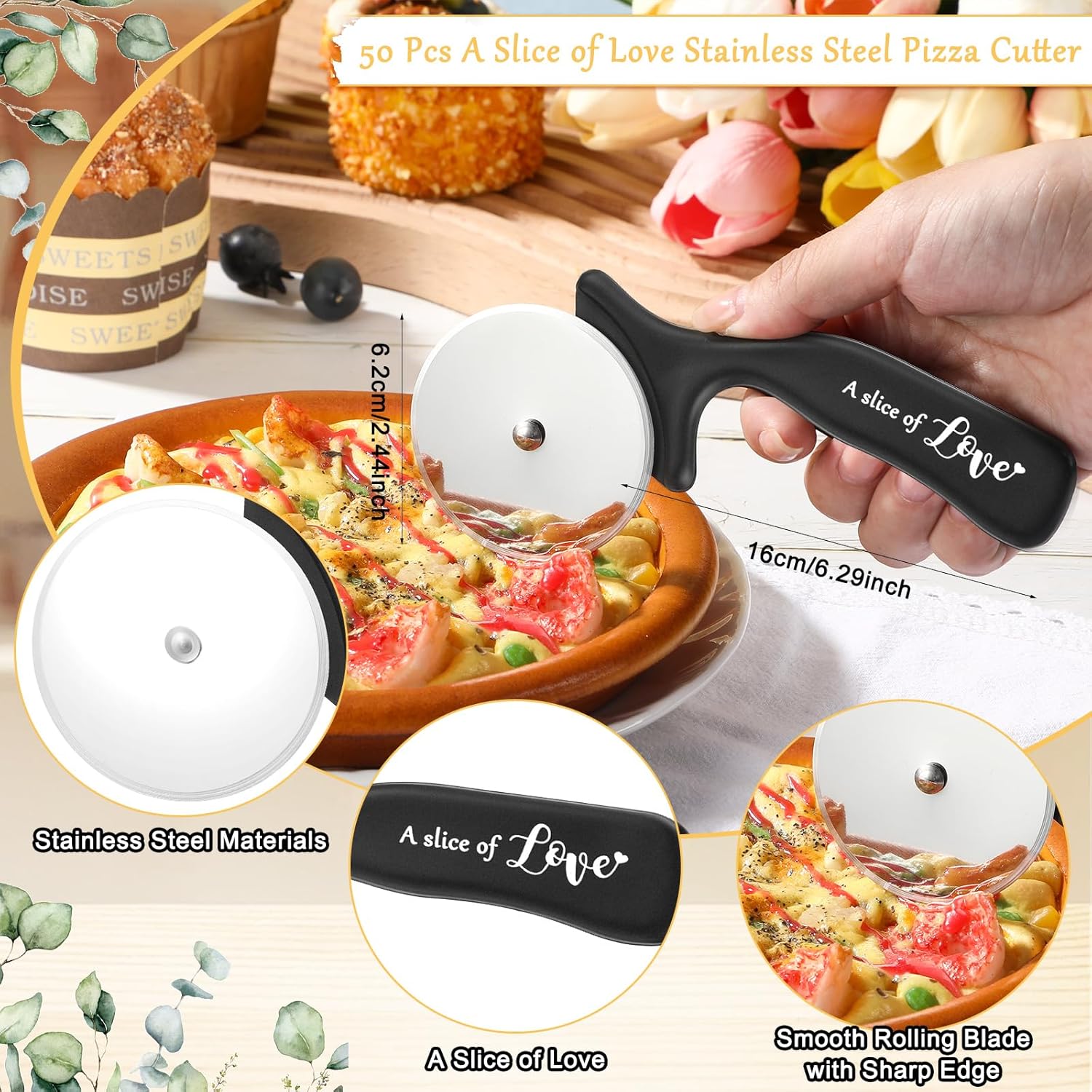 50 Set Wedding Party Favor for Guests Include a Slice of Love Stainless Steel Pizza Cutter Thank You Cards and Organza Gift Bags Pizza Cutter Wheels for Bridal Shower Return Gifts