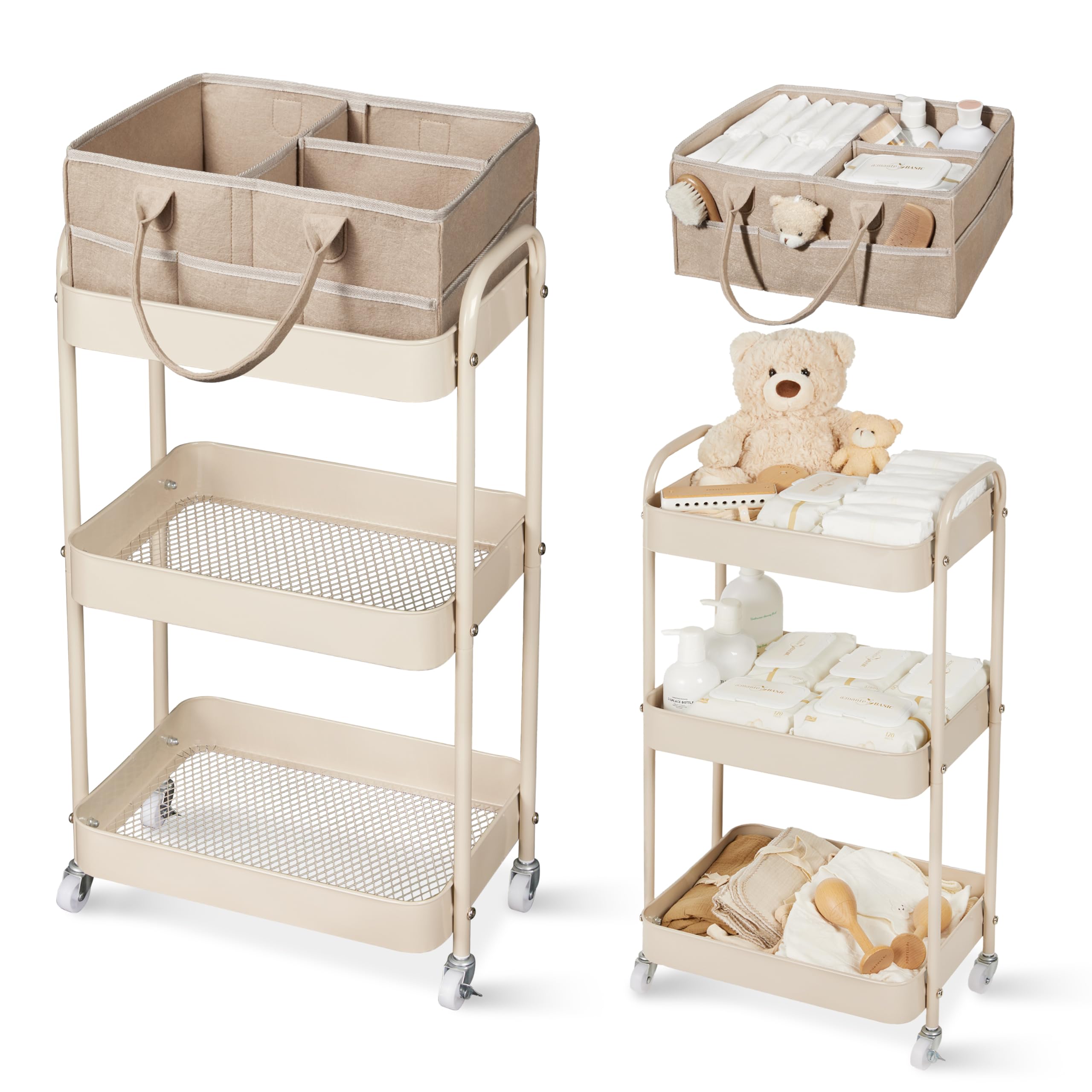Fortella Desserte à Roulettes avec Panier Rangement Bébé, Chariot de Rangement 3 Niveaux, Sac a Langer Bebe Portable, Rangement Table a Langer Bebe, Organisateur Cuisine Chambre, Salle de Bain(Marron)