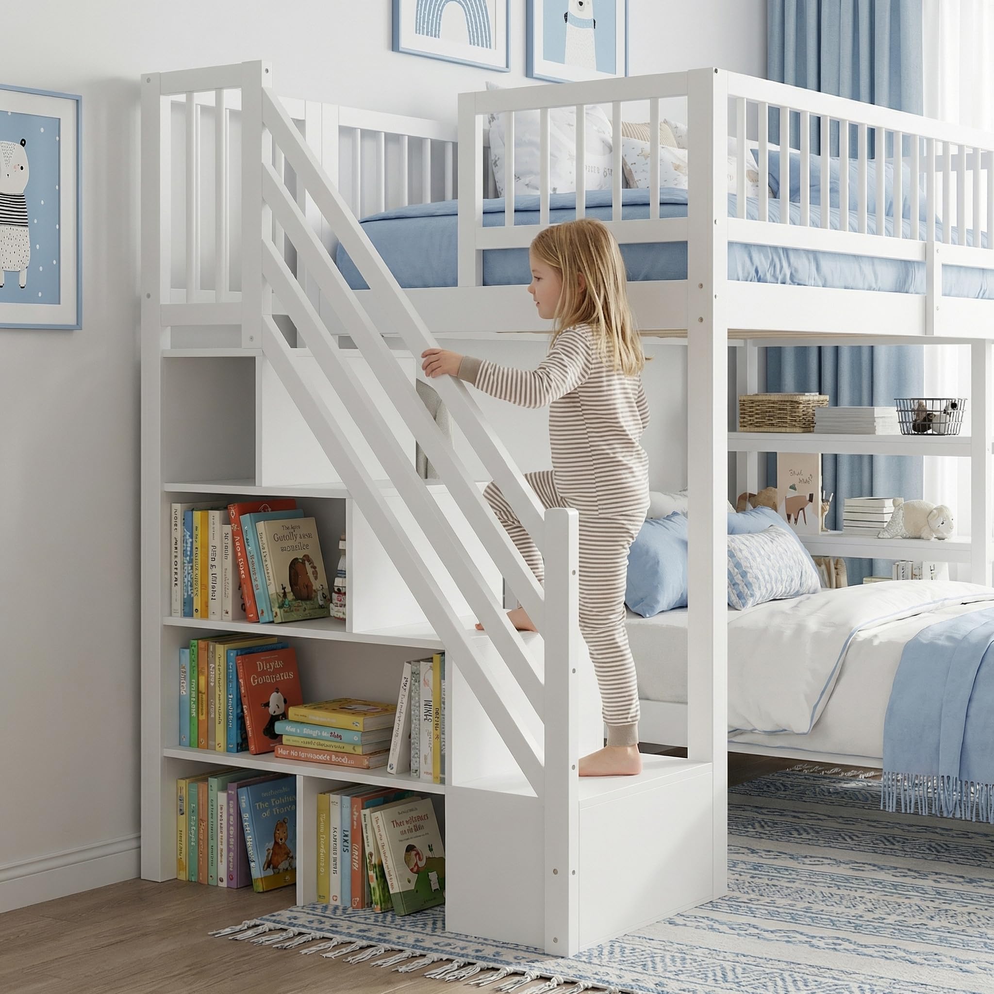 Hochbett 90x200 mit Kleiderschrank, Kinderbett Hochbett mit Treppe und Stauraum, Stockbett, Kinderhochbett, Ohne Matratze, Weiß