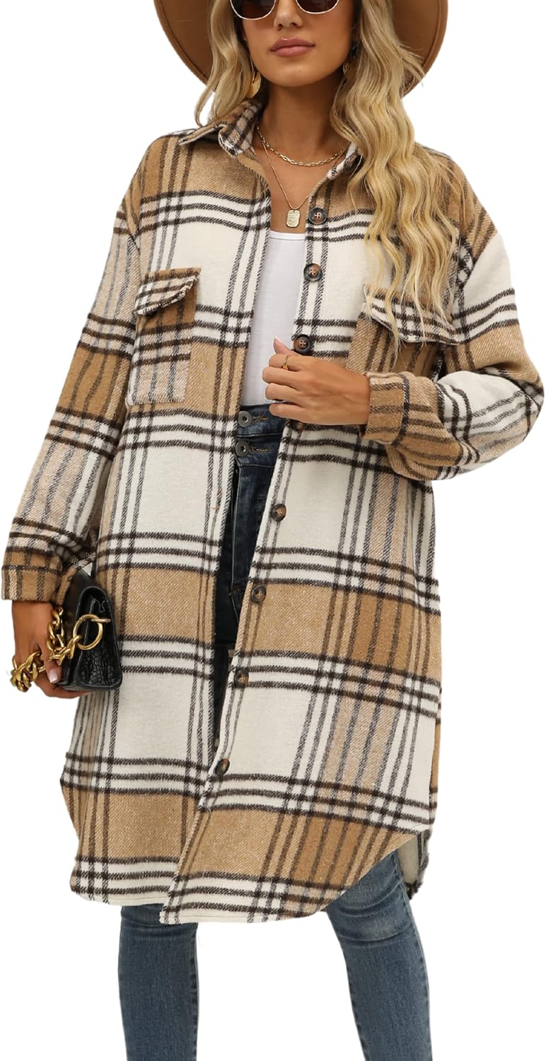 Himythe Women's Casual Flannel Plaid Jacket Shacket Lapel Button Down Long Flannel Shirt Jacket Coat