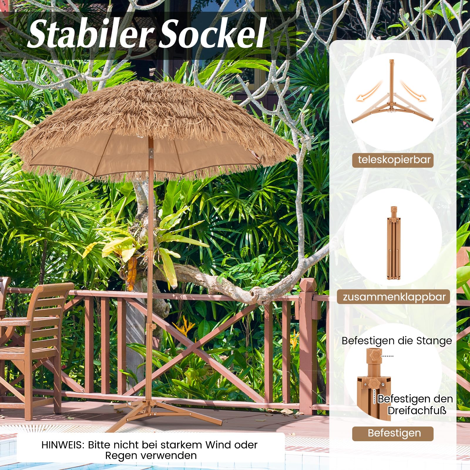 COSTWAY Sonnenschirm Hawaii, Strohschirm mit klappbarem Ständer, Strandschirm Stroh neigbar, Gartenschirm, Marktschirm, Terrassenschirm mit Tragetasche für Garten, Strand, Pool