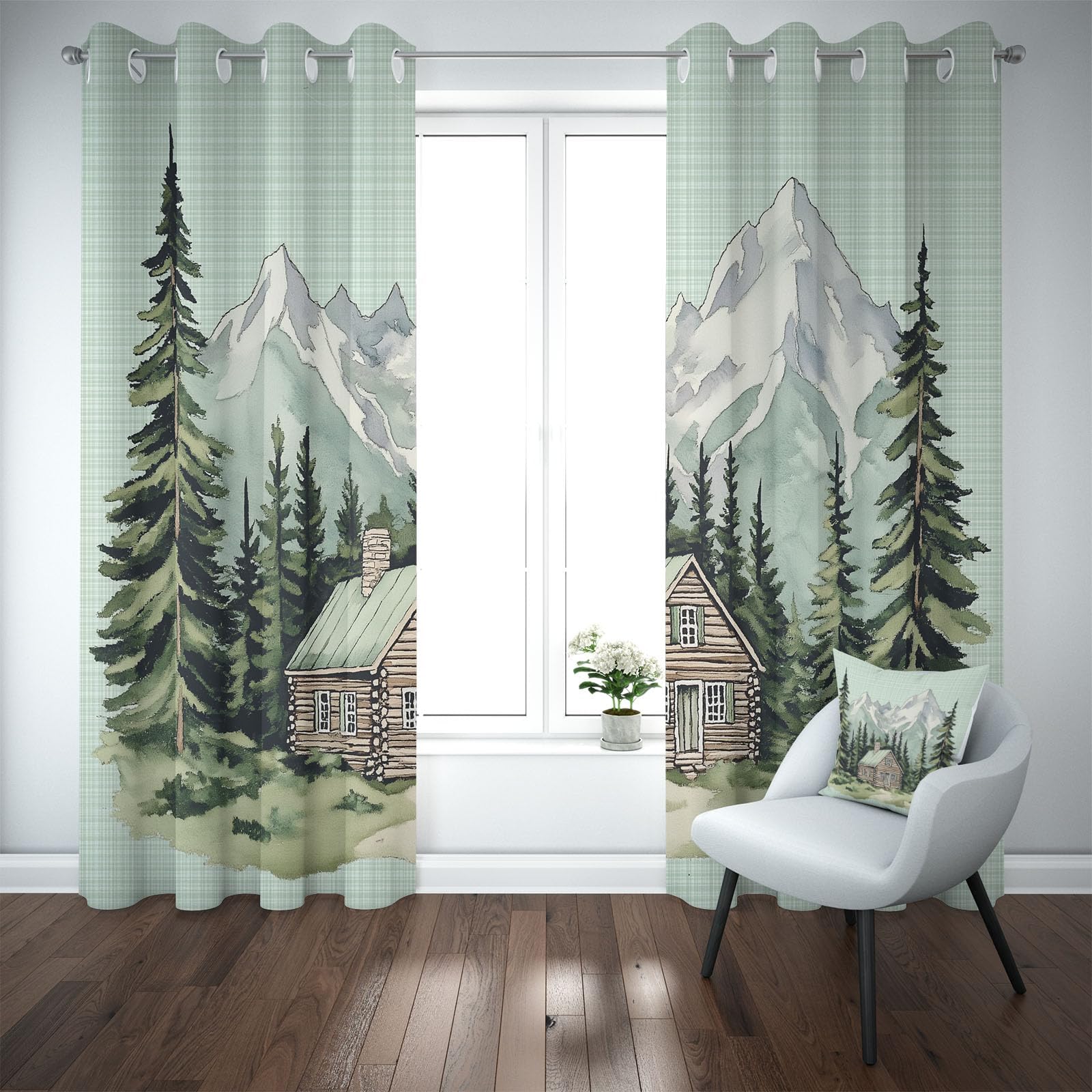 Verdunkelungsvorhänge im rustikalen Hüttenstil, 90 x 180 cm (B x H), Kiefern- und Berglandschaftsmotiv, für Schlaf- und Wohnzimmer, Vorhänge Blickdicht Gardinen mit Ösen, 2er Set