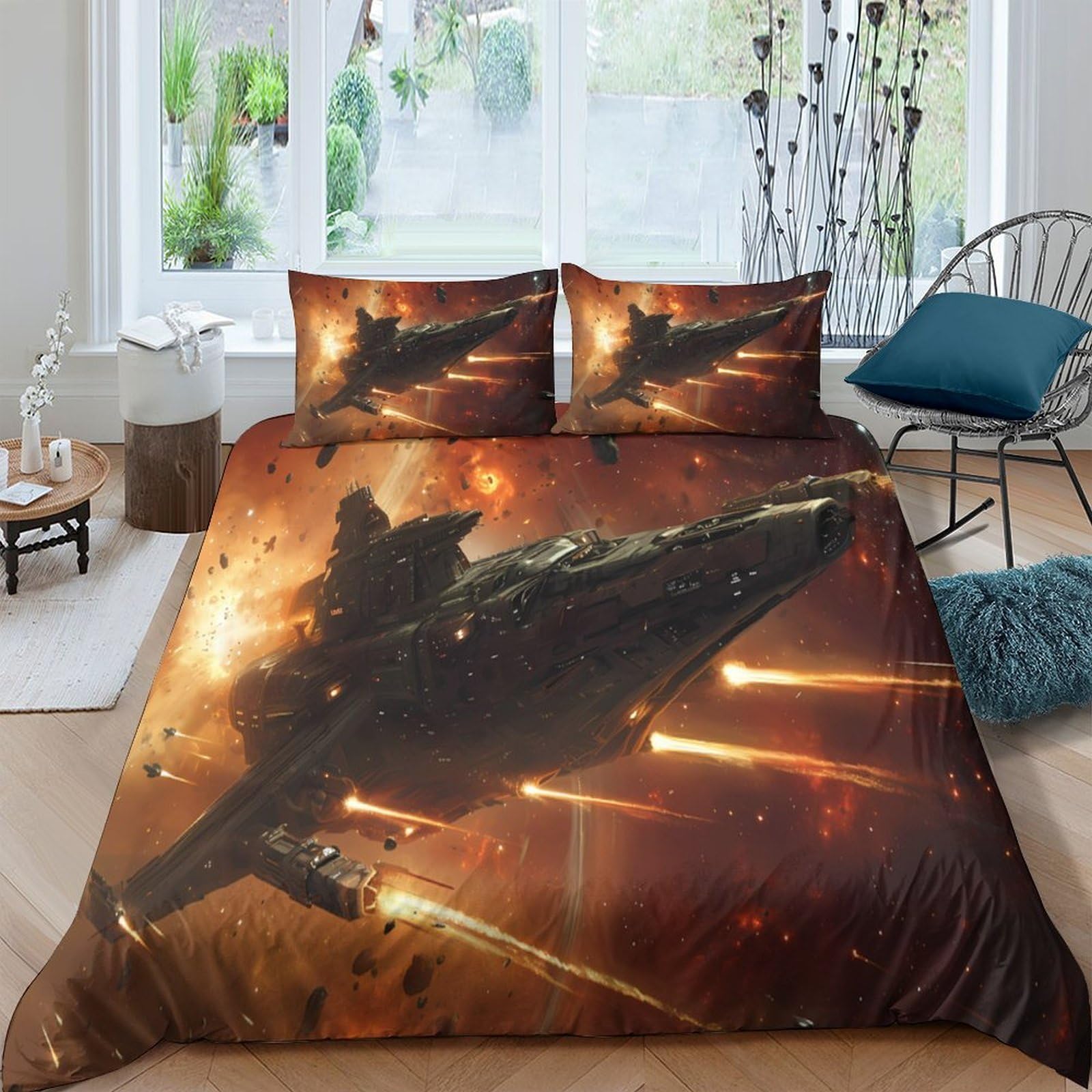 Ctjqhvkz Style-4 3D Printed Spaceship Battle Fitted Sheet Microfiber Soft Bedroom Decor Sci-Fi Space Mattress Cover For All Ages Single（135X200cm）