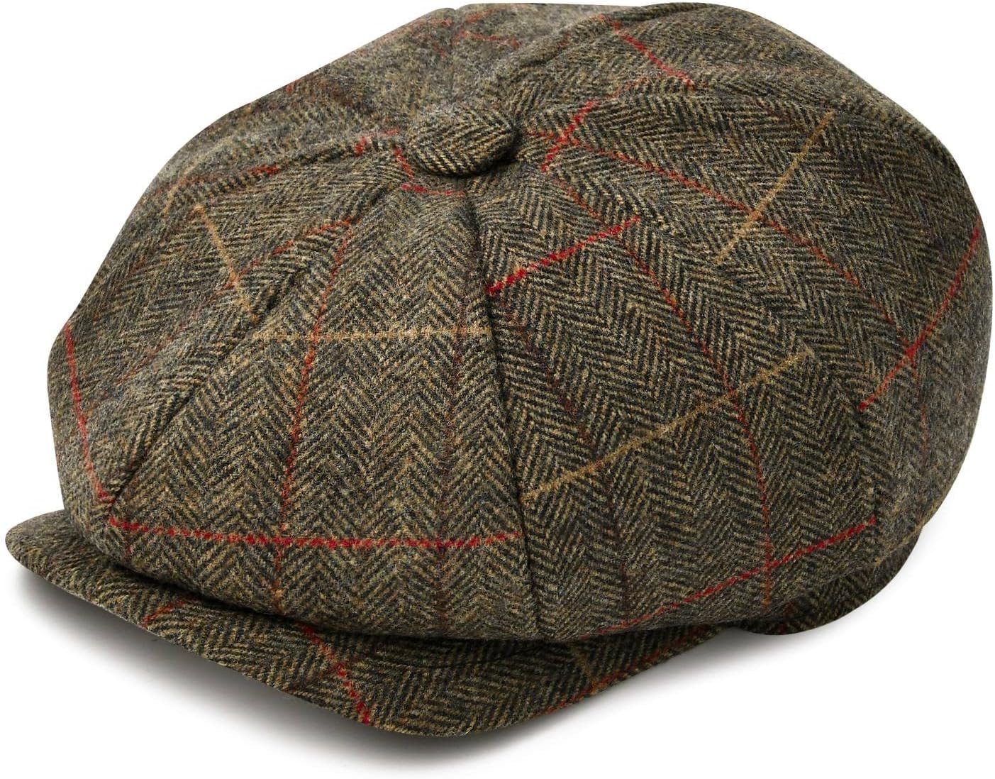 BOTVELA Men's 8 Panel Wool Blend Newsboy Flat Cap Herringbone Tweed Hat