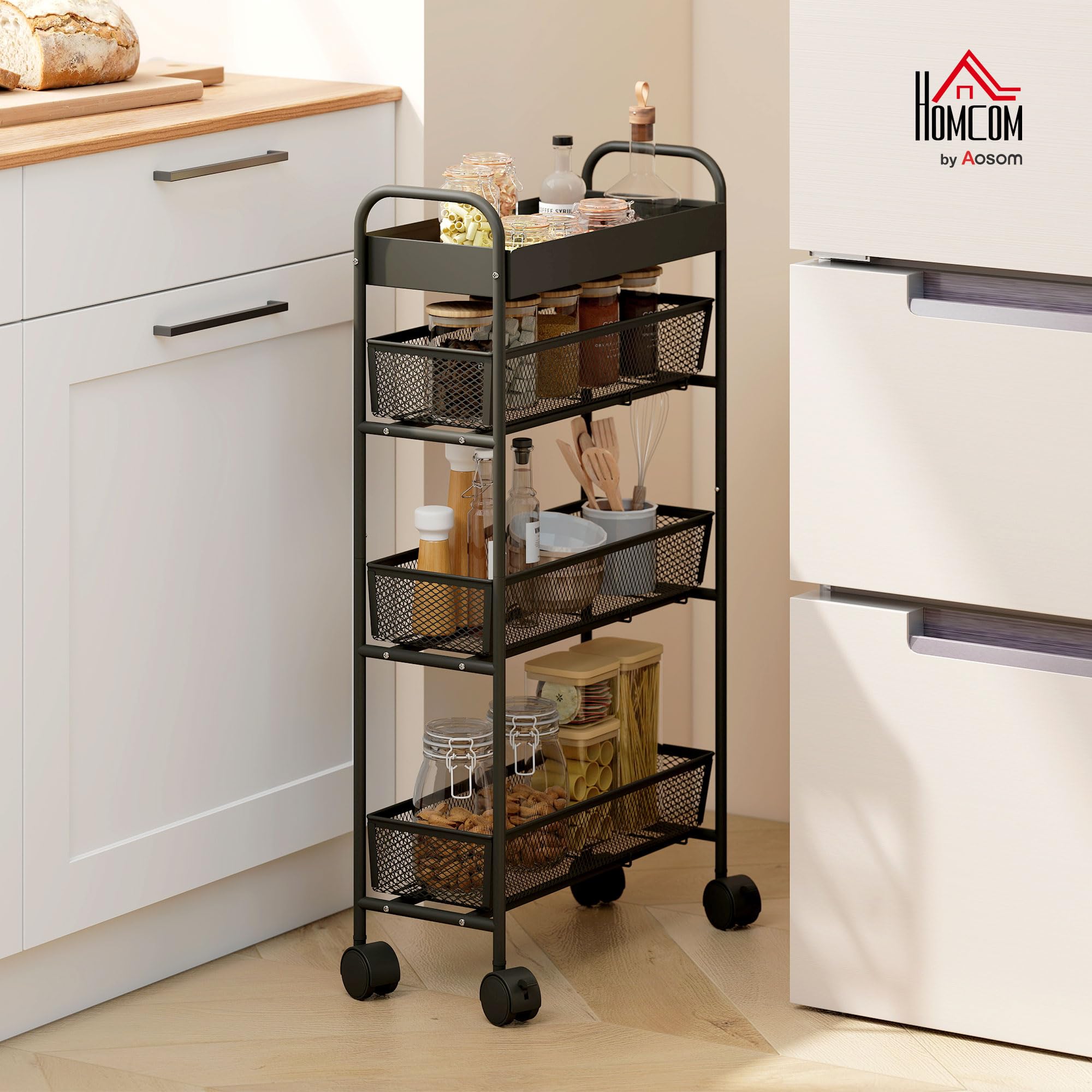 HOMCOM Chariot de rangement à 4 niveaux, 3 paniers coulissants, desserte à roulettes, panier supérieur et poignée, desserte cuisine multifonctionnel pour chambre, salon, bureau, 19 x 43,2 x 80 cm noir