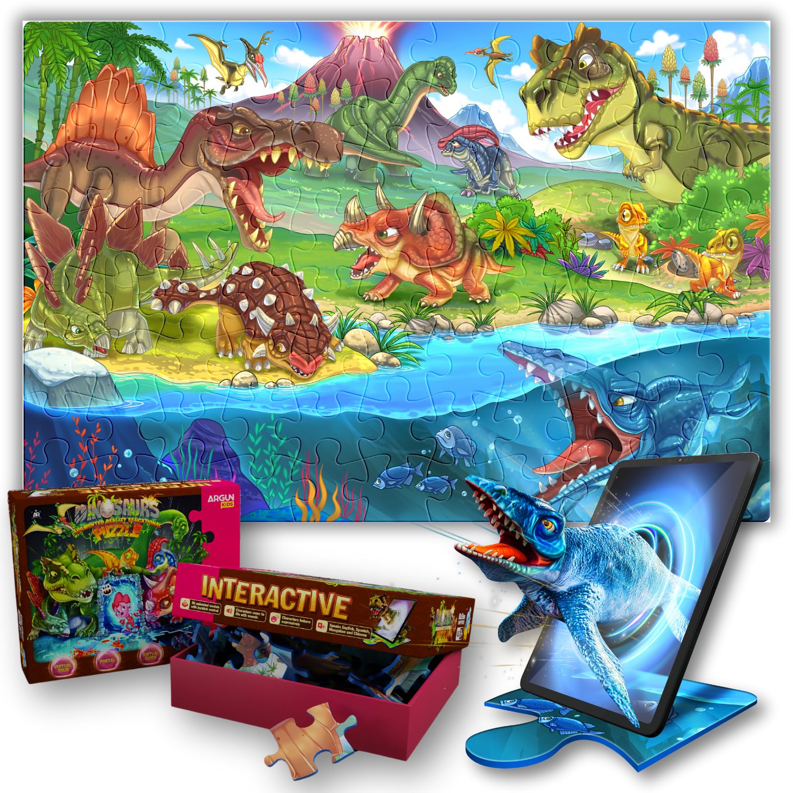 ARGUN Dinosaurs Augmented Reality Educational Jigsaw Puzzle, AR Fun Floor Puzzle for Kids Ages 3-10 Years Old, 88 pcs Interactive Puzzle, Organic Soy Ink Materials