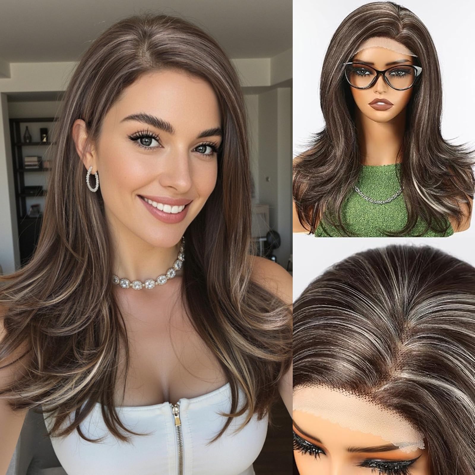 HAIRCUBE Lace Front Wig for Women Wavy Wigs with Partial Fringe Heat Resistant Fibre Synthetic Brown with Highlights