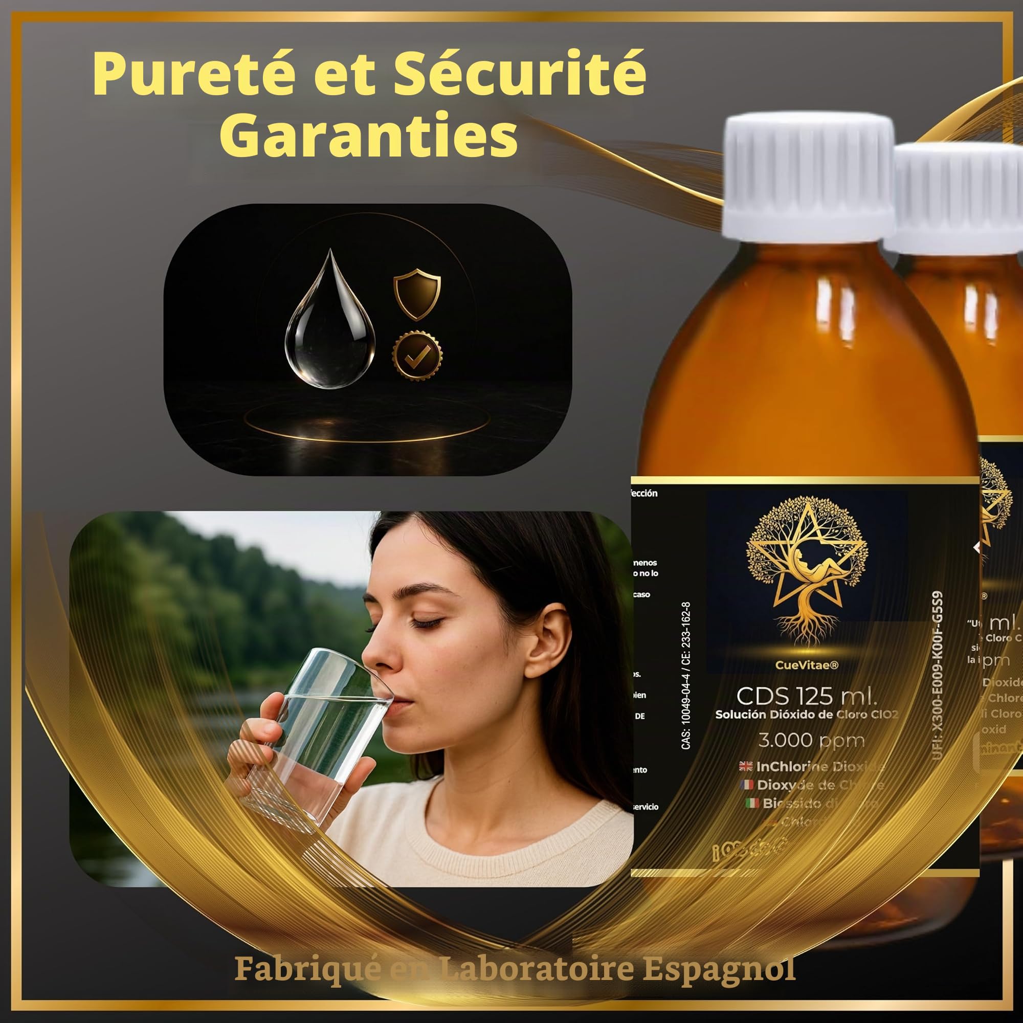 CDS 0,3% Dioxyde de Chlore | 2x125 ML | Lot 2 flacons verre ambré anti-UV avec équipement volumétrique, exclusif traitement d'eau, produit chimique technique.