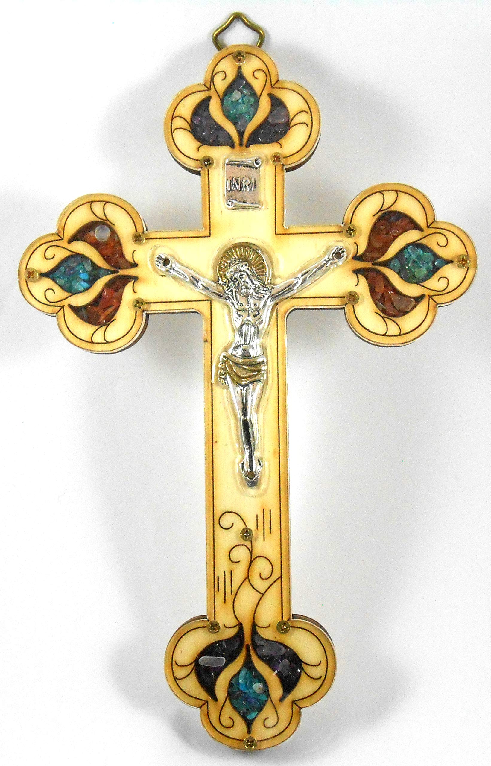 Wood Cross Crucifixion Classic Wall Hanging Plaque Housewarming Decor Church Roman Christian Orthodox Religious Charm Stones Icon Gift made in the Holy land 8"