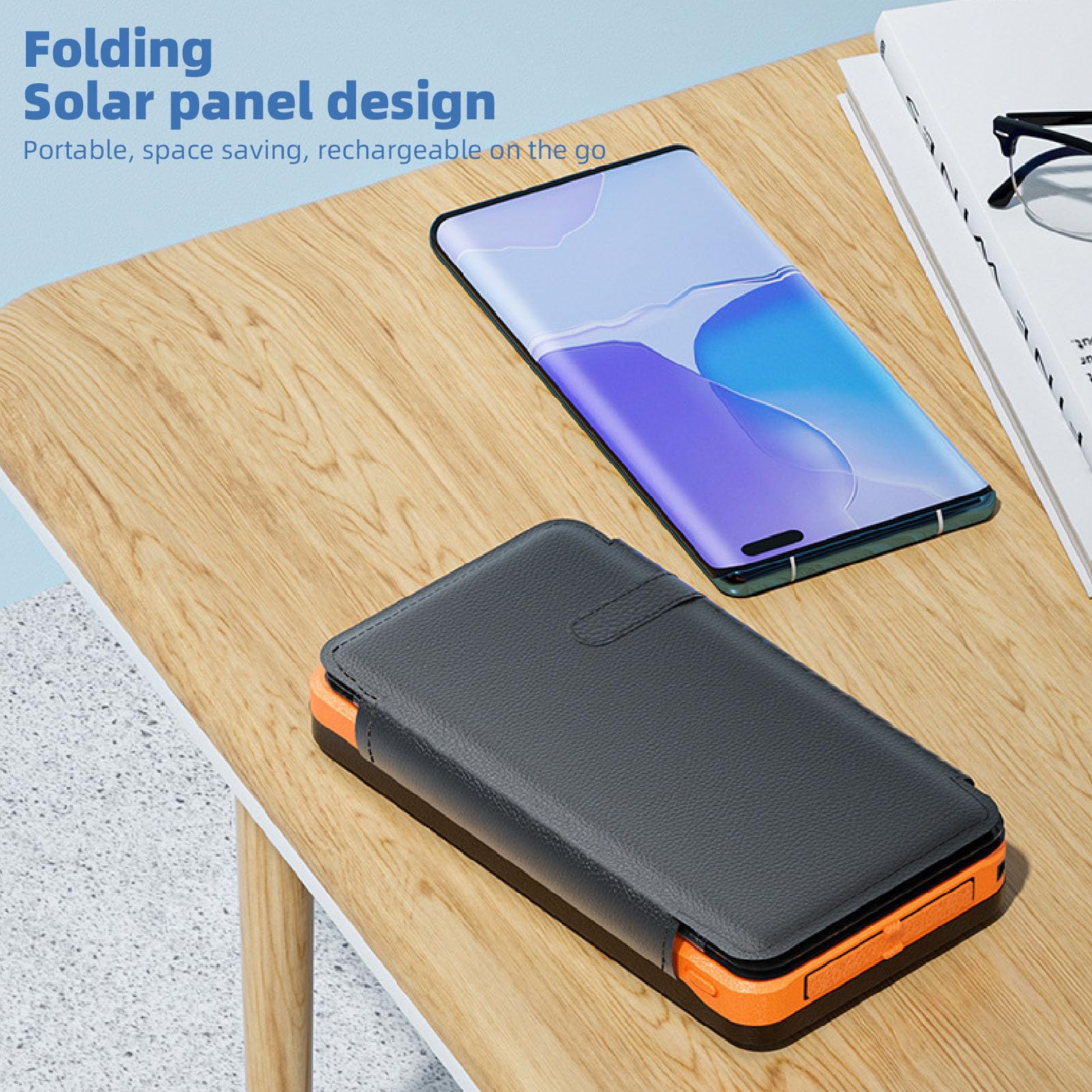 Banque d'alimentation Solaire 20000mAh, Banque d'alimentation sans Fil avec Panneau Solaire Three Fold et Lumière LED et Double Sortie USB, Batterie Externe Imperméable (Orange)