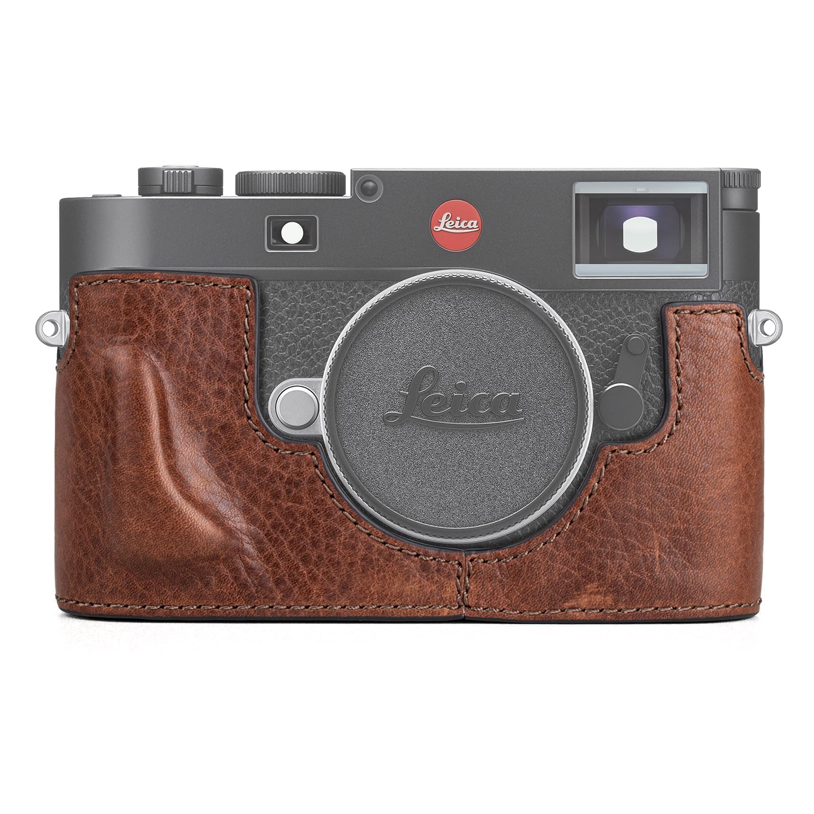 leather half case for leica m11 camera with hand grip and opening bottom