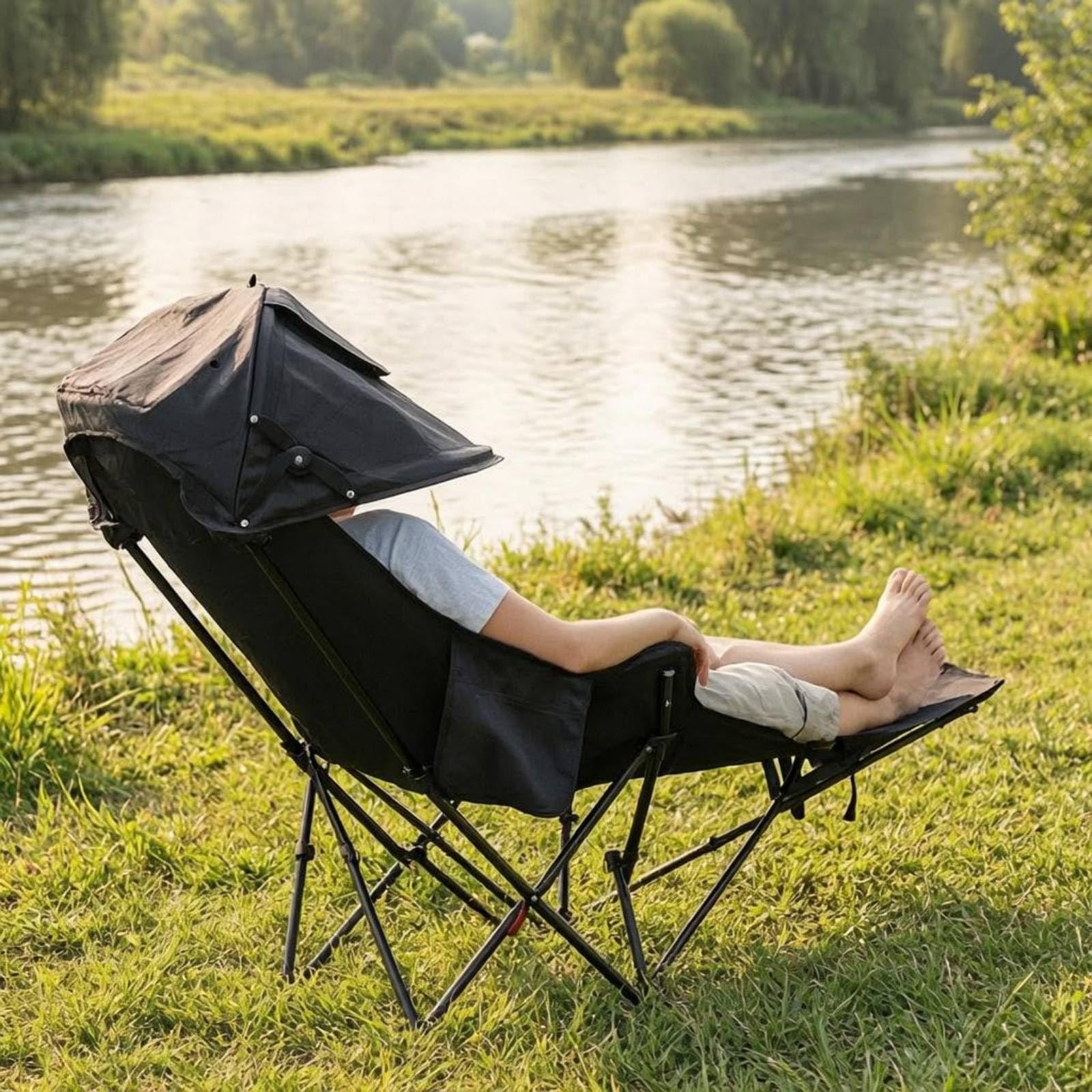Silla de Pesca con Toldo 2 en 1 Sillón Reclinable Portátil Ergonómica para Siesta, Aire Libre, Caqui