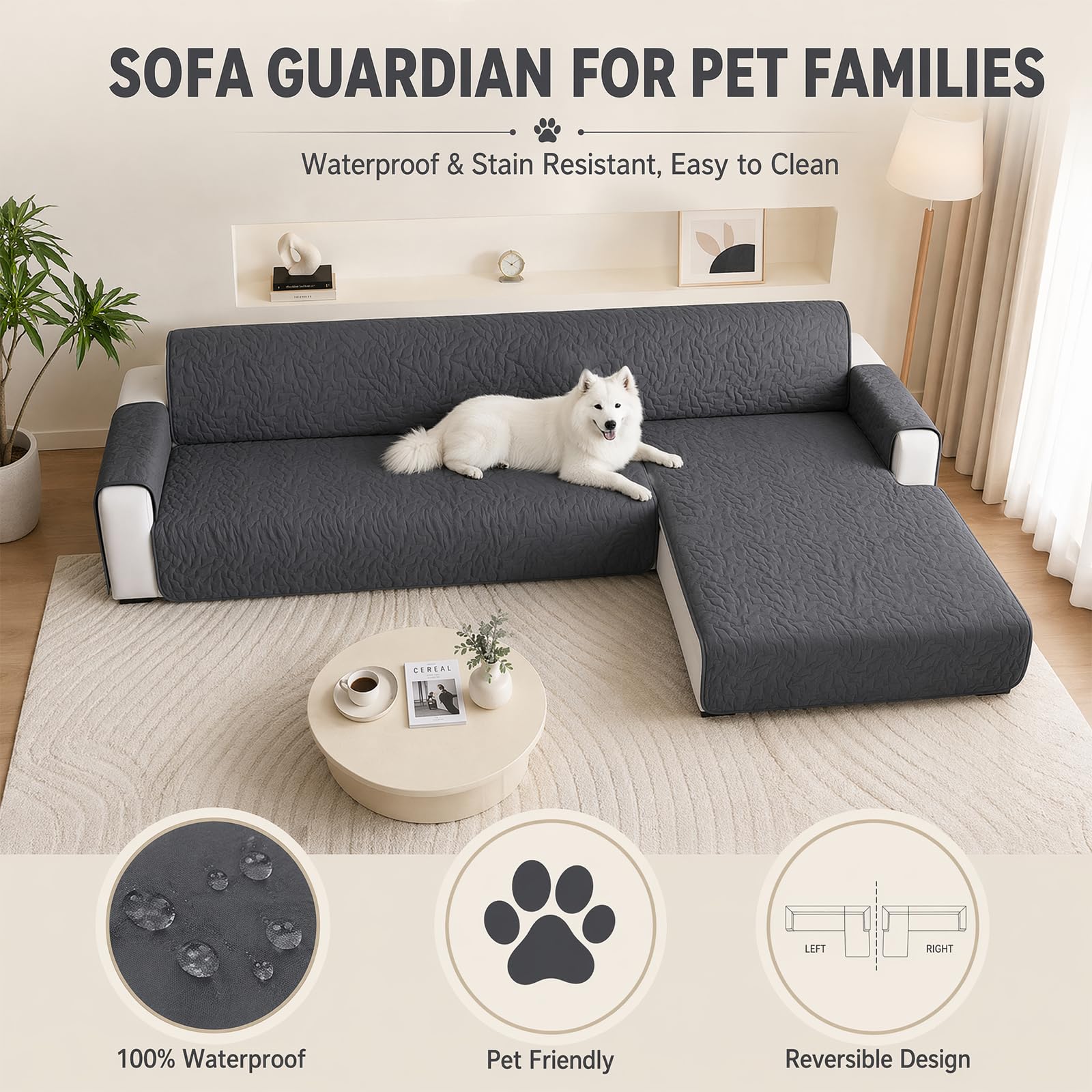 LOMUG Wasserdicht Sofabezug L Form 3 Sitzer, rutschfest Sofa Überzug Ecksofa, Ecksofa Bezug Rechts/Links Universal Reversibel, Sofa Überzug L Form Mit Armlehne, Für Hund Katze, Dunkelgrau