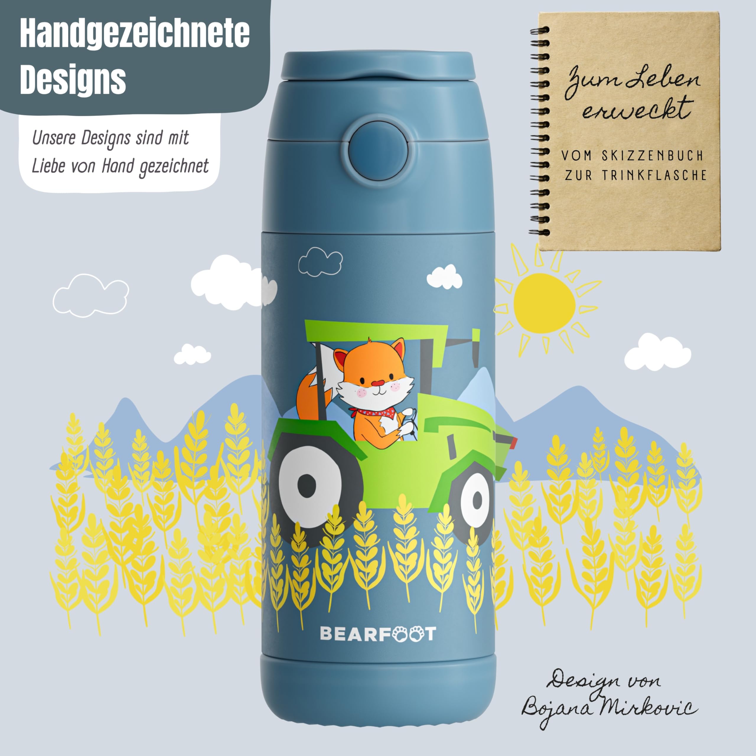 BEARFOOT Edelstahl Trinkflasche Kinder 350ml (Traktor Fuchs – Blau) | Thermo, vakuumisoliert, mit Tragegriff, auslaufsicher, BPA-frei, für Mädchen & Jungen