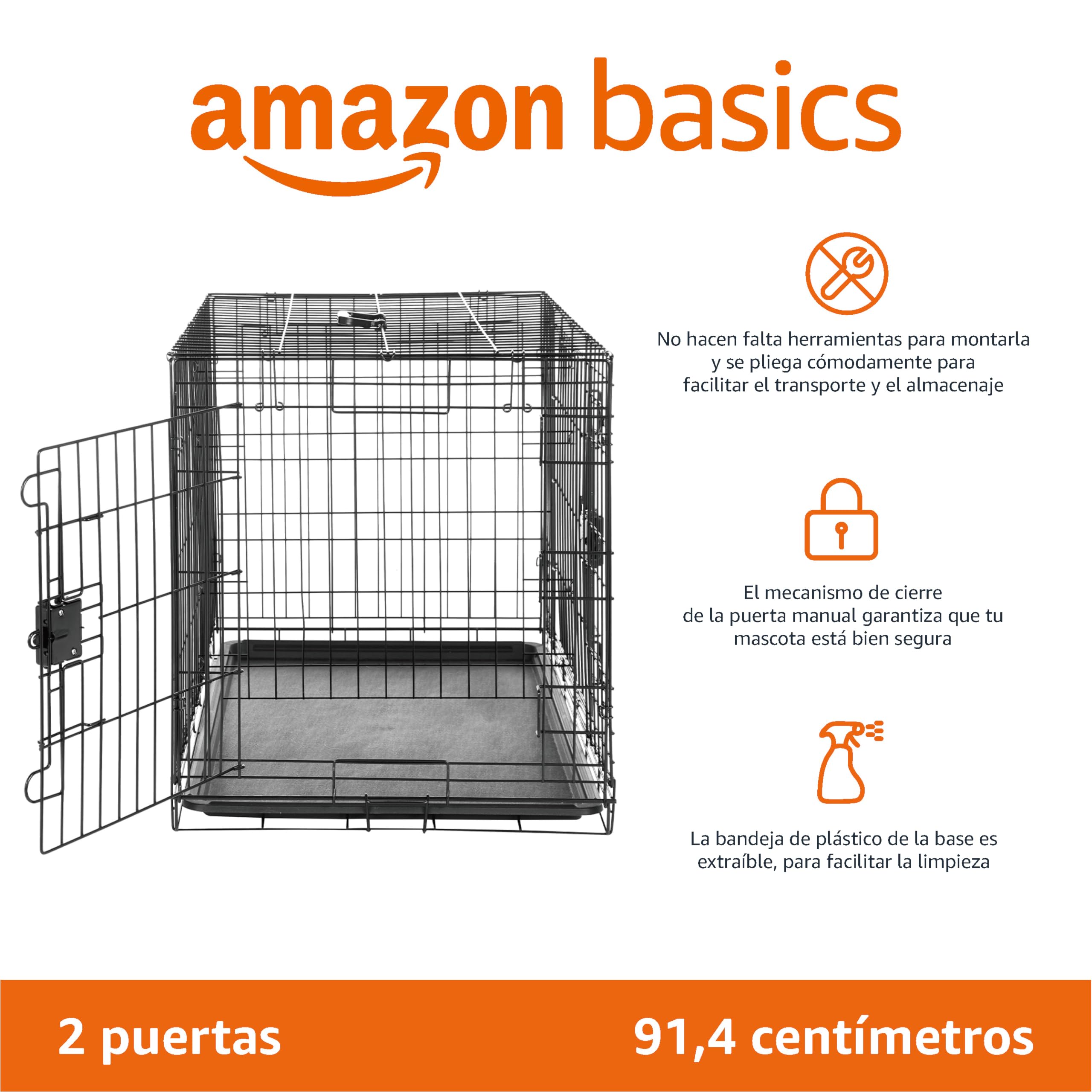 Amazon Basics Jaula para perro de alambre metálico, Duradero,Plegable con bandeja, doble puerta, negro, 91 x 58 x 64 cm (L x An x Al)