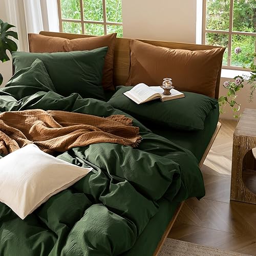 Miniatura 6 de MooMee - Juego de funda de edredón, 100% algodón lavado, textura parecida al lino, transpirable, duradero, suave y cómodo (verde bosque liso,