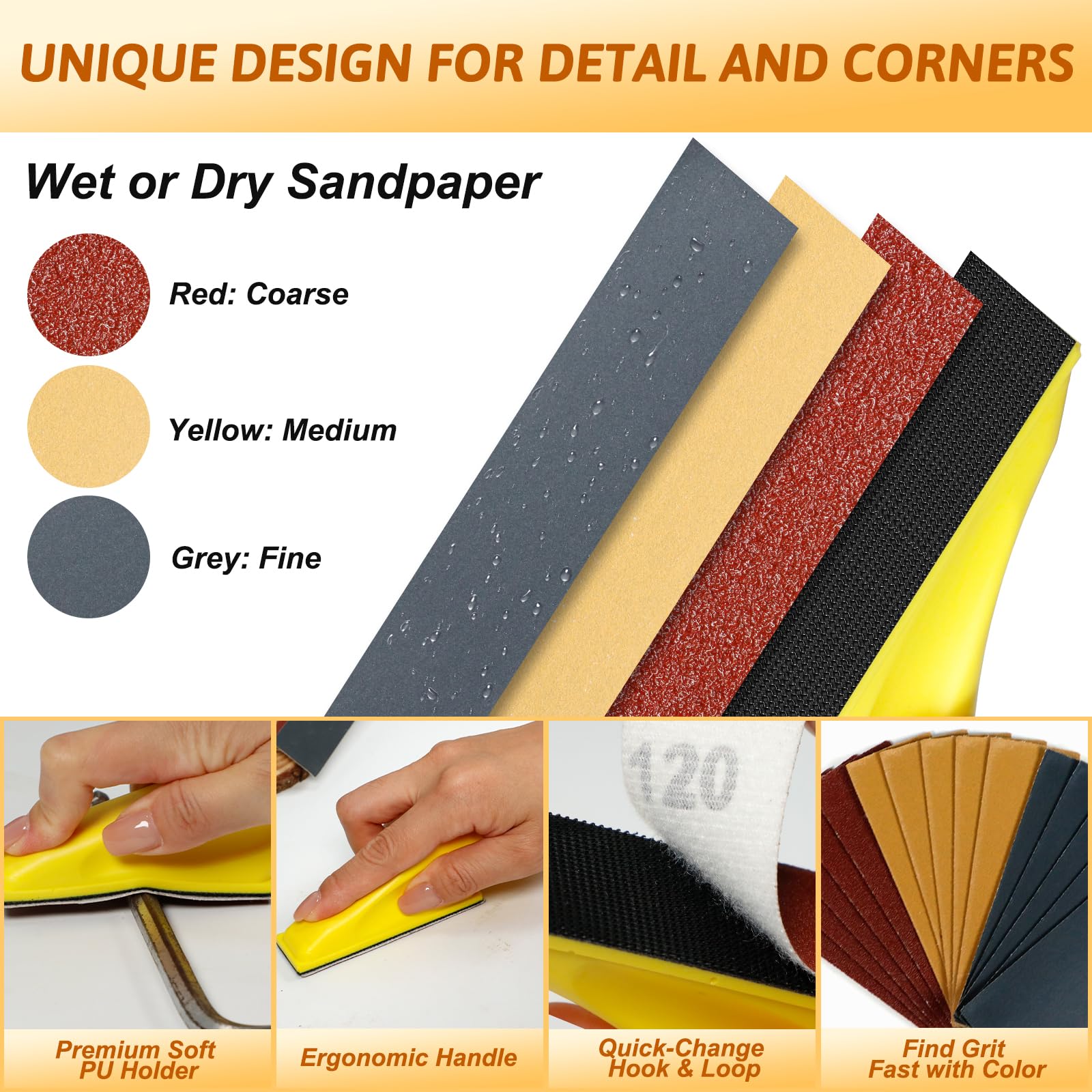 180 PCS Mini Detail Sanding Kit, 80-1000 Grit Sandpaper with Finger Sanding Blocks for Small Areas and Corners, Ideal for Woodworking, Furniture Repair, Crafts and DIY - 5