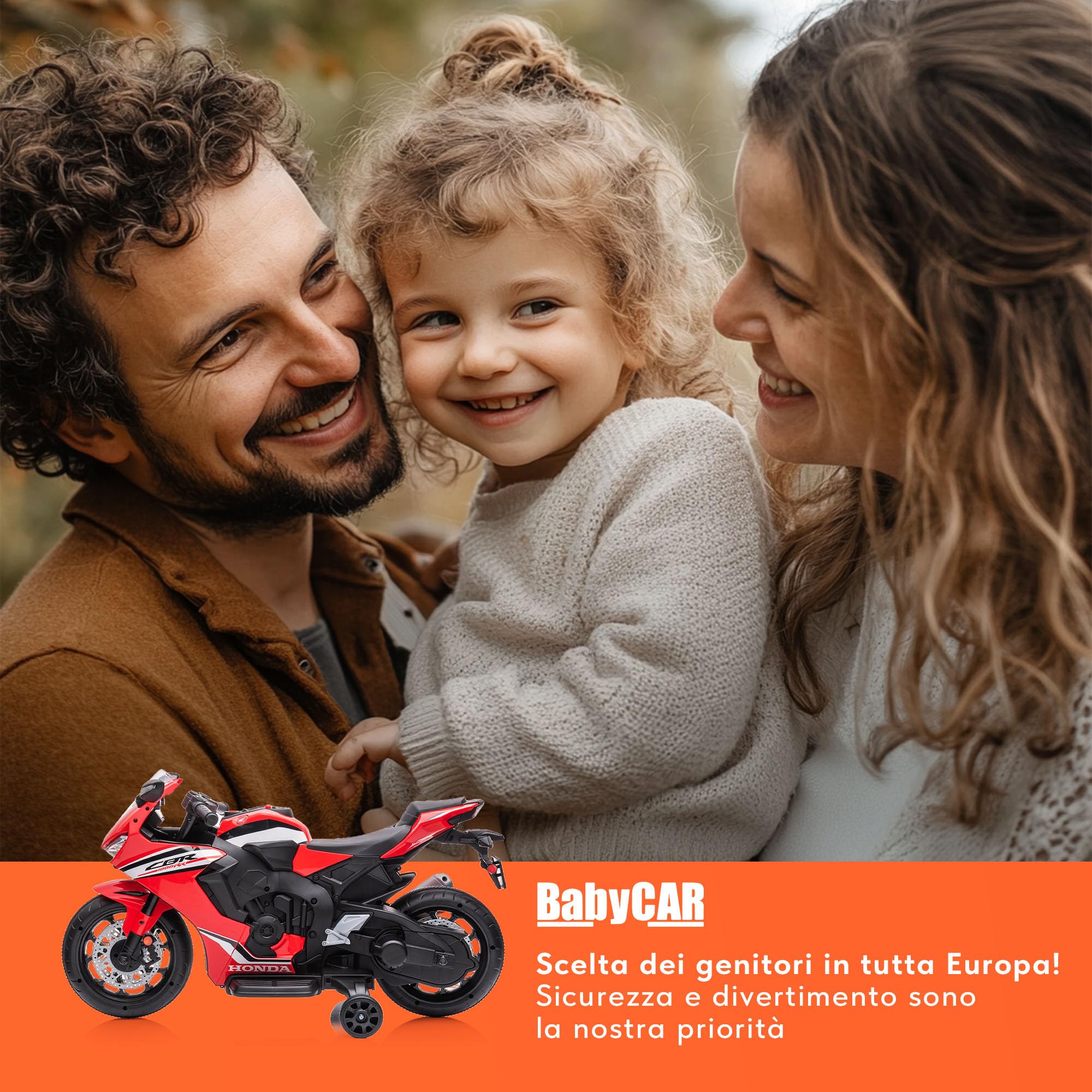 BabyCar Moto Elettrica Bambini Honda CBR 12V | Moto Elettrica Bambini 3-5 Anni con Luci, Suoni e Rotelle Stabilizzatrici | Batteria 12V 3,5Ah, Motore 30W e Acceleratore a Pedale | Rosso