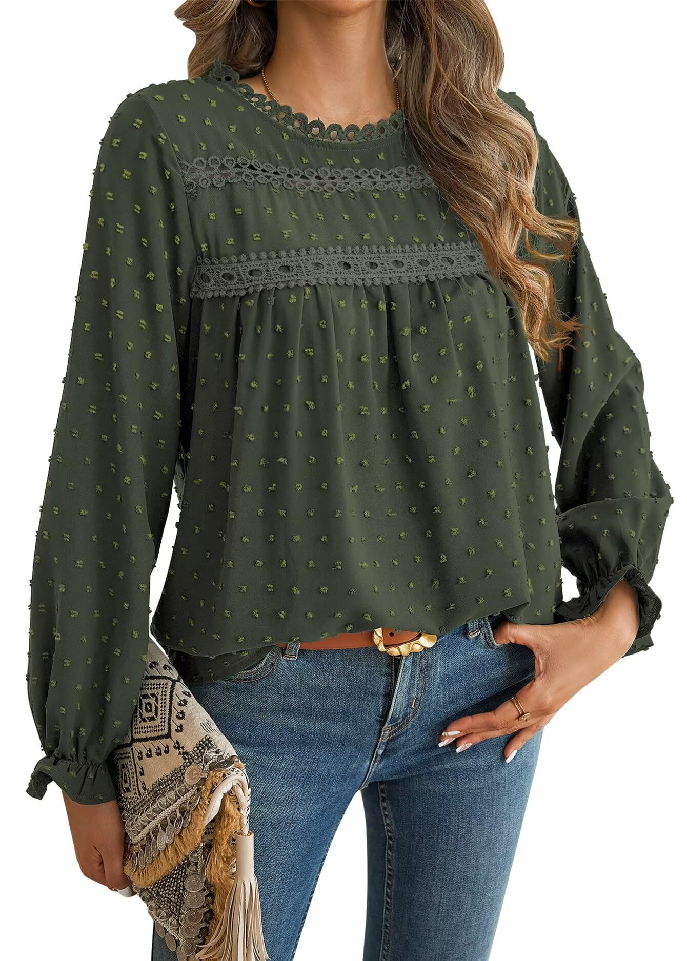 Falechay Womens Boho Tops Long Sleeve Shirts For Women Cute Crewneck Blouse Dressy Casual Swiss Dot Crochet Hollow Top 2025