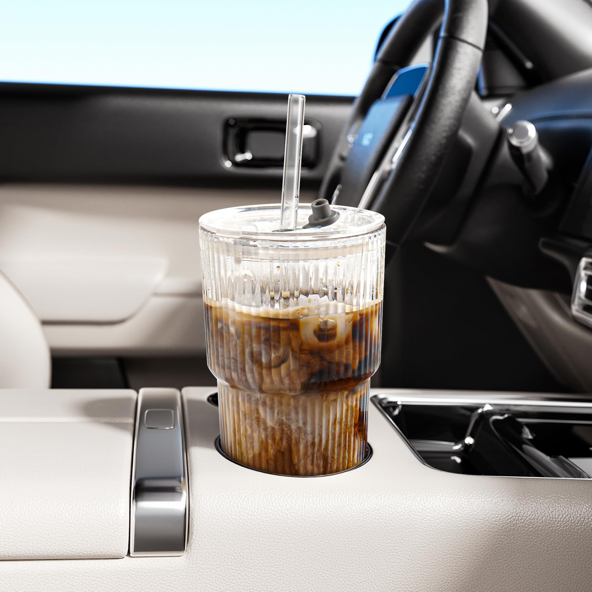 KUOGAS 4 Bicchieri in Vetro Rigato 600 ml con Coperchio e Cannuccia, Bicchieri per Frullati Spessi e Robusti in Vetro di Alta Qualità, Design Ermetico e Impermeabile, Ideale per Caffè